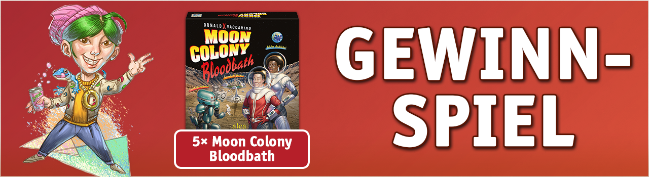 Abbildung des Ringbote-Maskottchens mit dem Spiel Moon Colony Bloodbath und den Texten "Gewinnspiel" und "5 Mal Moon Colony Bloodbath"