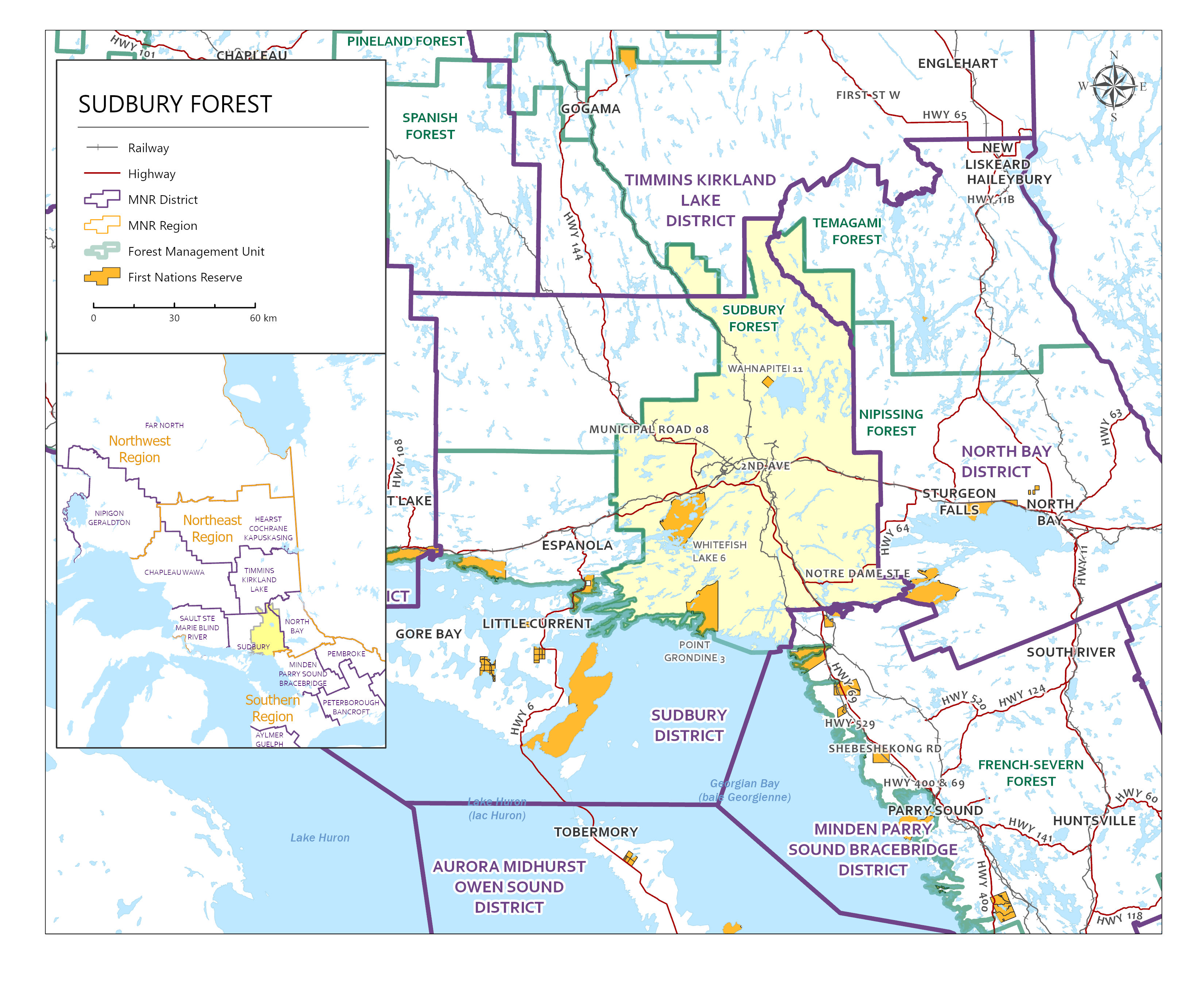 Overview map of the Sudbury Forest in Ontario context