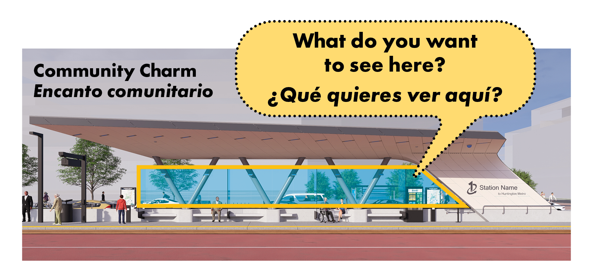 Estación de BRT de Richmond Highway con un bocadillo que dice «¿Qué te gustaría ver aquí?», señalando el parabrisas de la estación. En una superposición se lee «Encanto Comunitario».