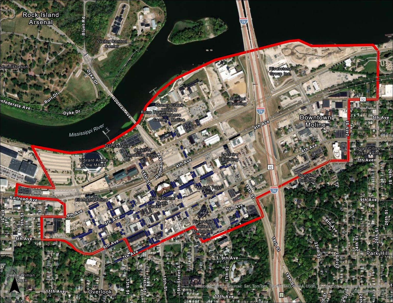 Aerial map showing the study area boundaries around downtown Moline. Study area roughly spans between the river and 8th Ave (North/South) and between 10th St and 25th St (West/East).