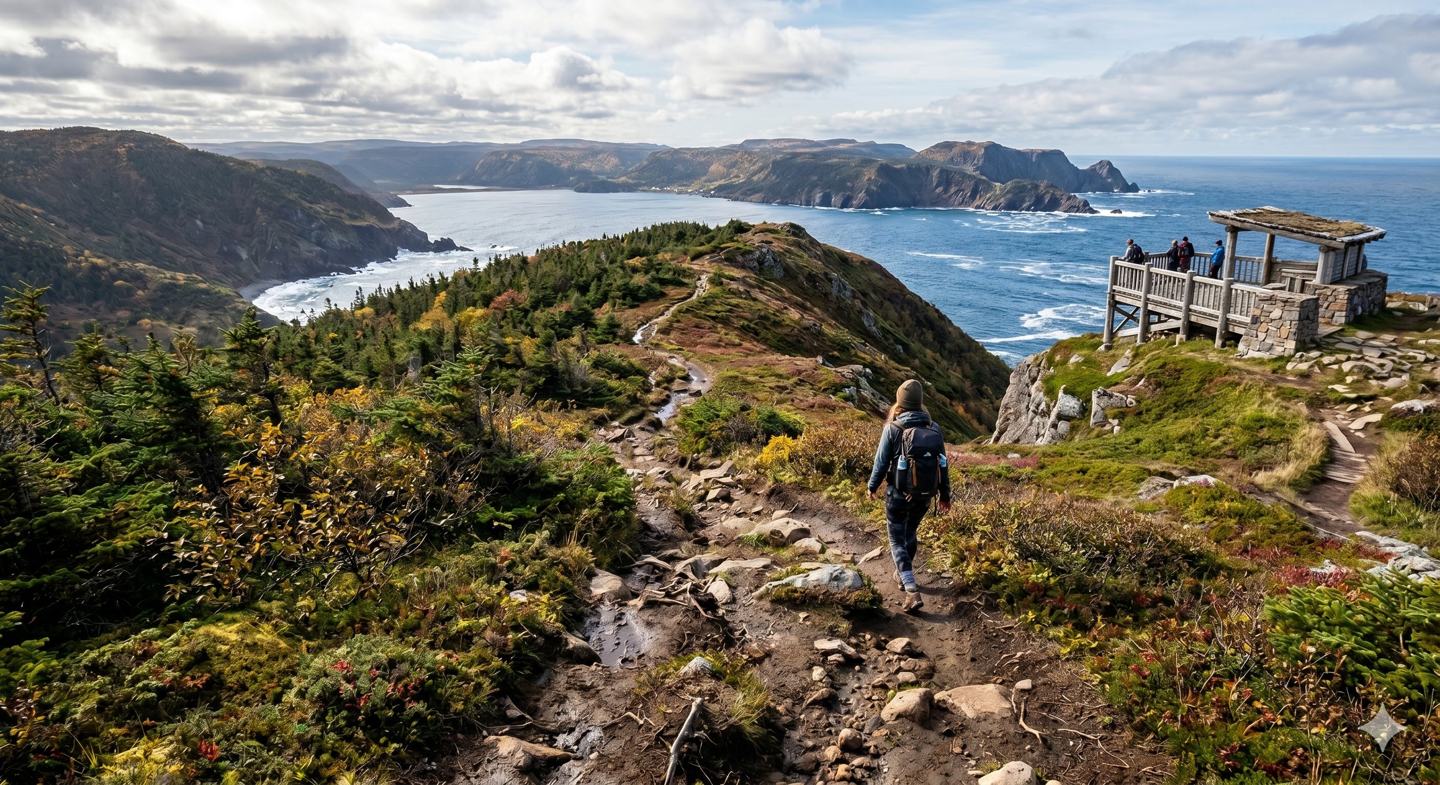  A hiker descends a rocky coastal trail toward a wooden viewing platform overlooking the ocean. 