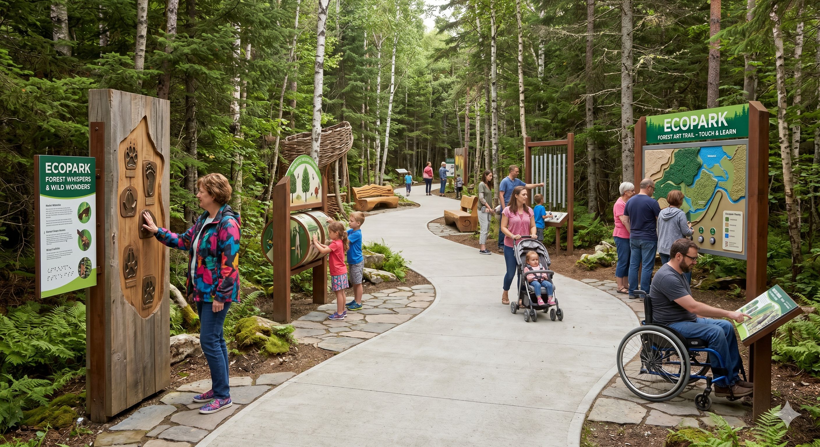  People of all abilities explore a paved forest trail lined with interactive nature exhibits. 