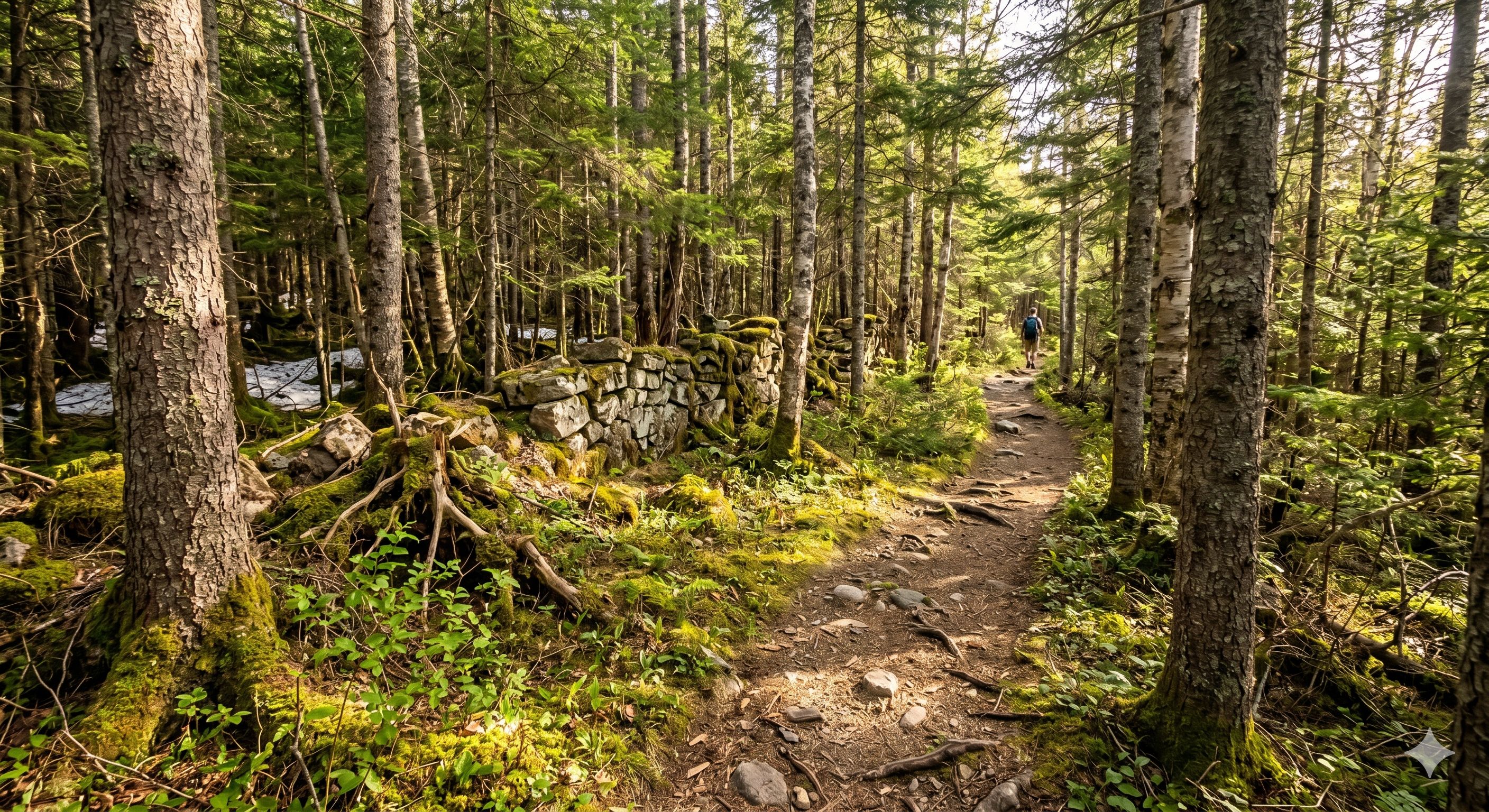  A hiker walks on a narrow, root-covered forest path beside an old, mossy stone wall. 