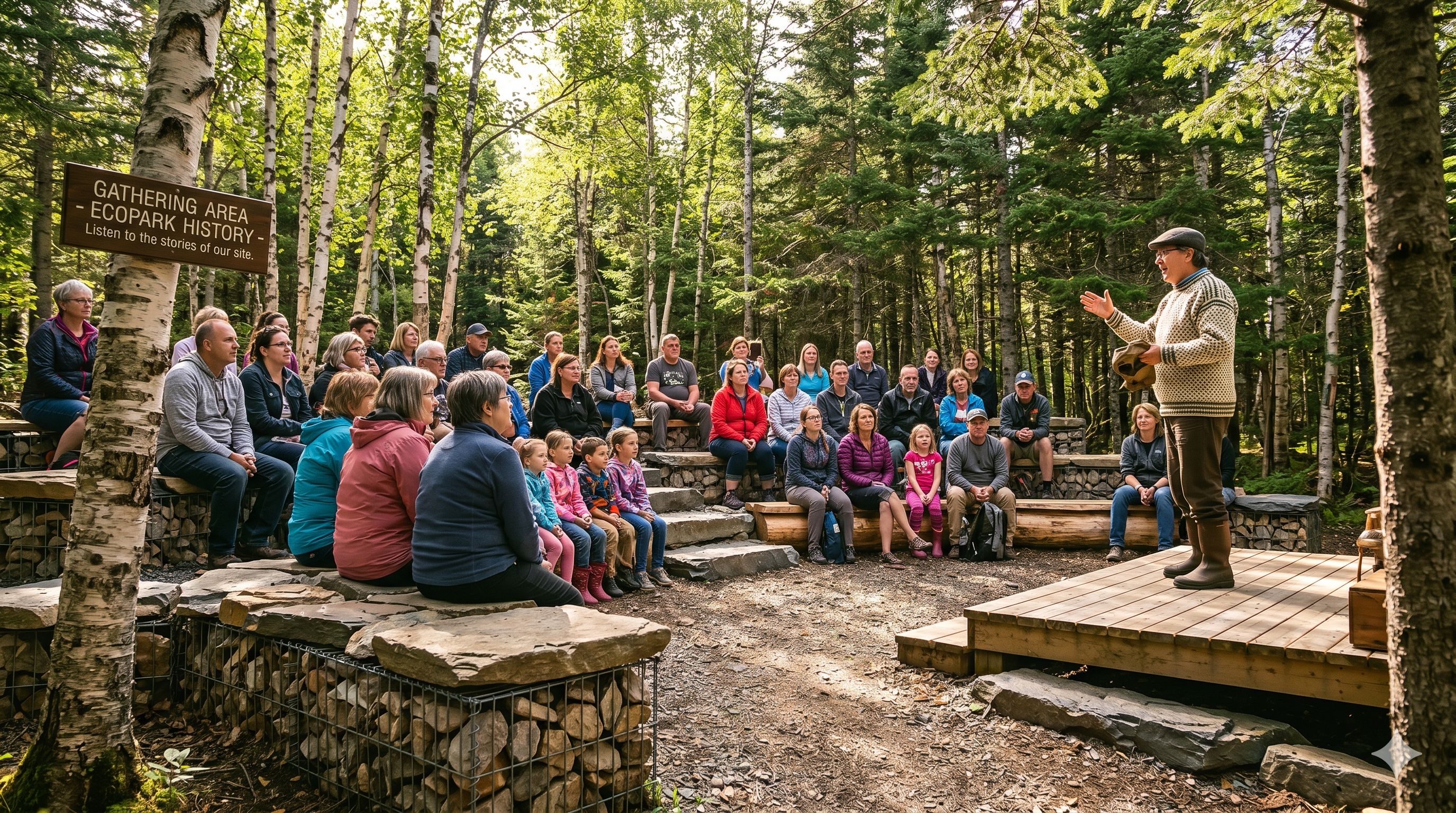  A storyteller on a wooden stage speaks to an audience seated in a forest gathering area. 