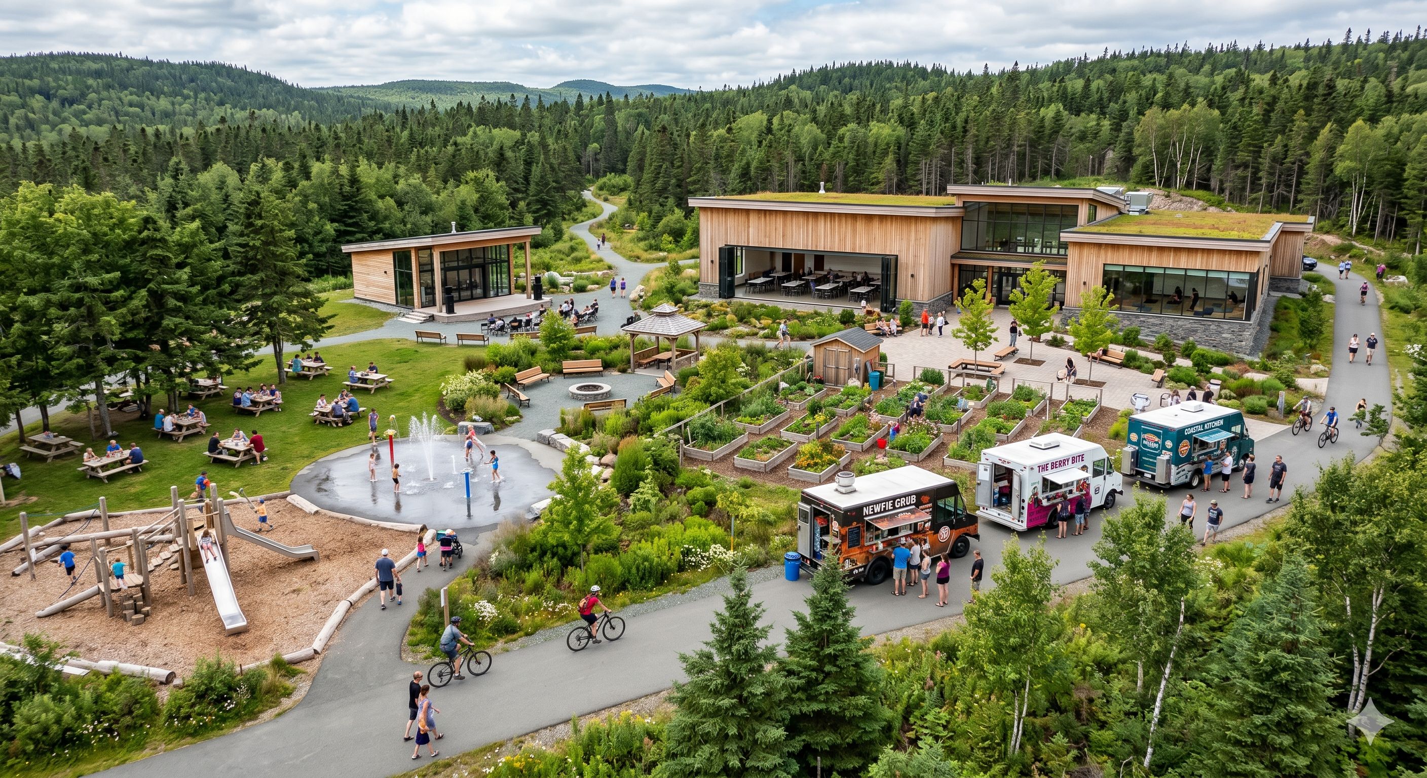  Visitors enjoy a bustling forest park with modern buildings, food trucks, and a playground. 