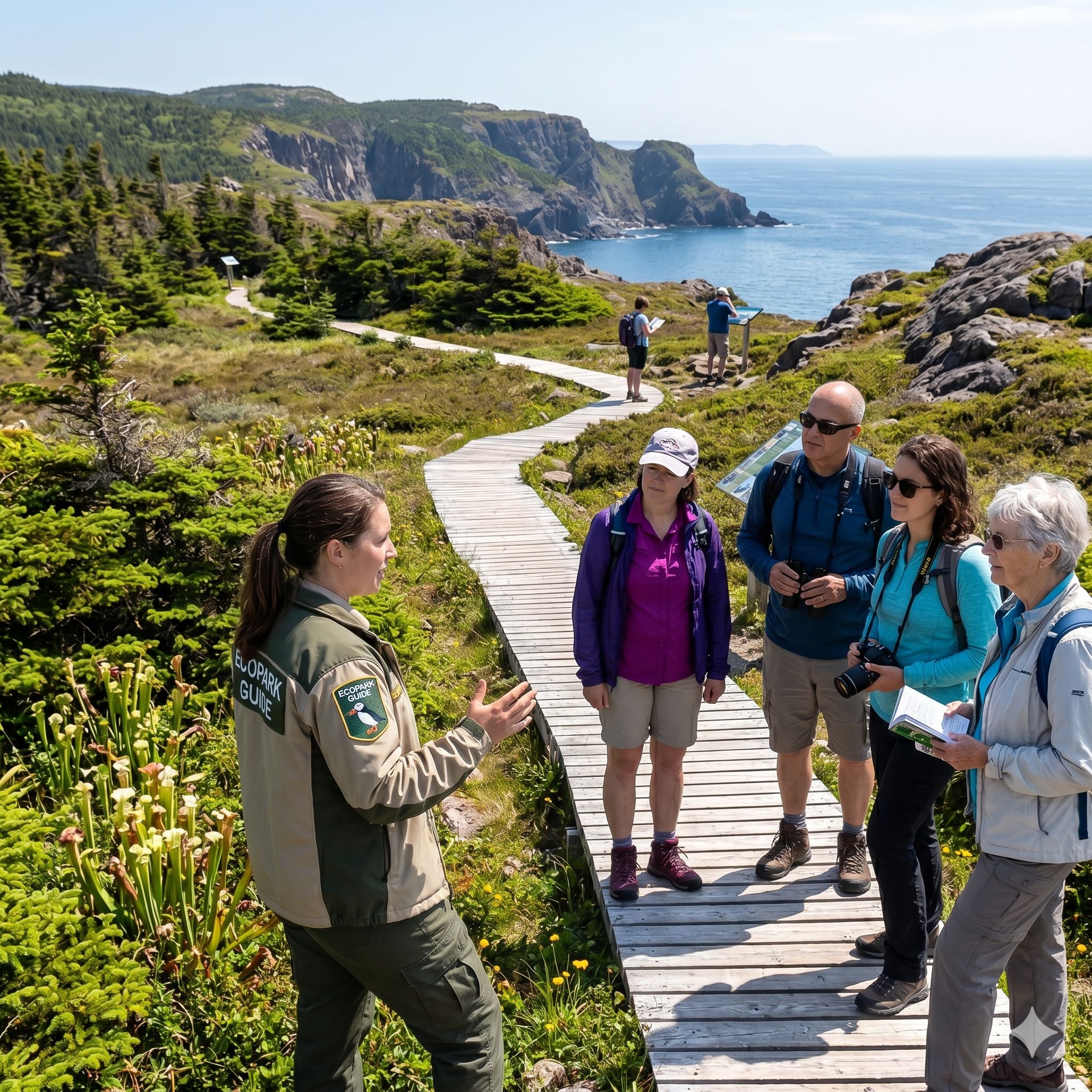  A park guide speaks to a small group on a wooden boardwalk overlooking scenic ocean cliffs. 
