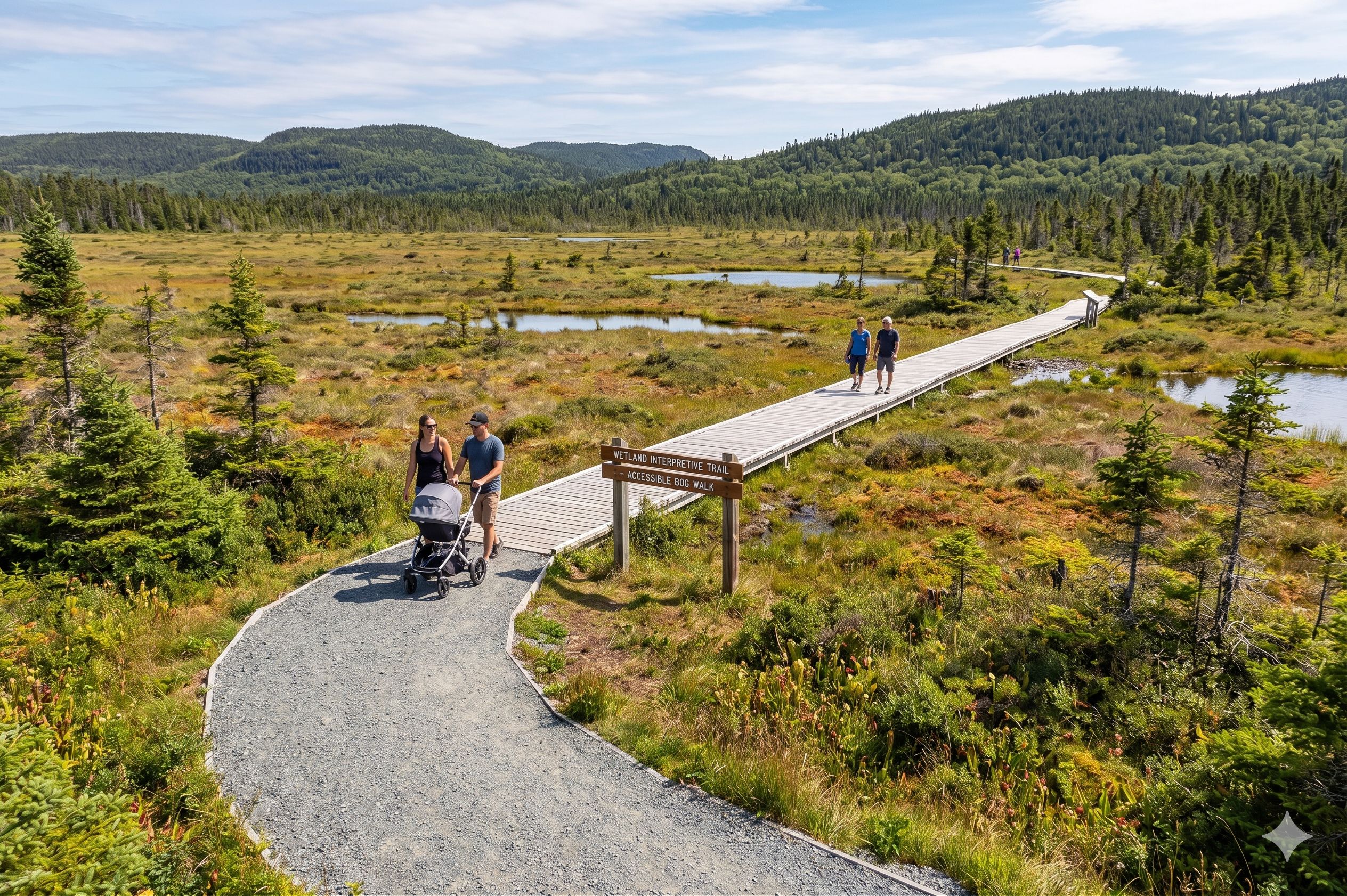  A couple with a stroller walk on a wooden boardwalk crossing a sunny wetland. 