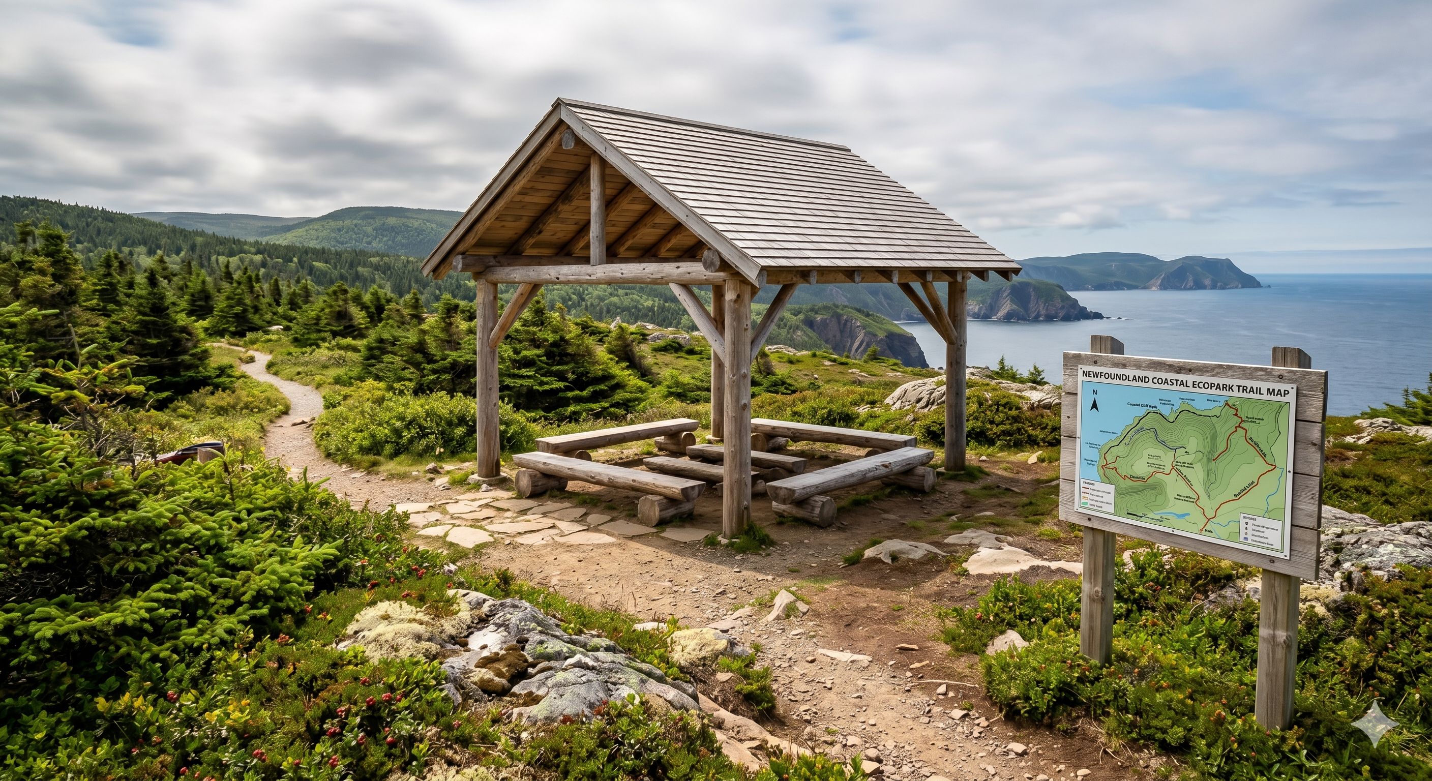  A wooden shelter and trail map stand beside a rugged coastal path overlooking ocean cliffs. 