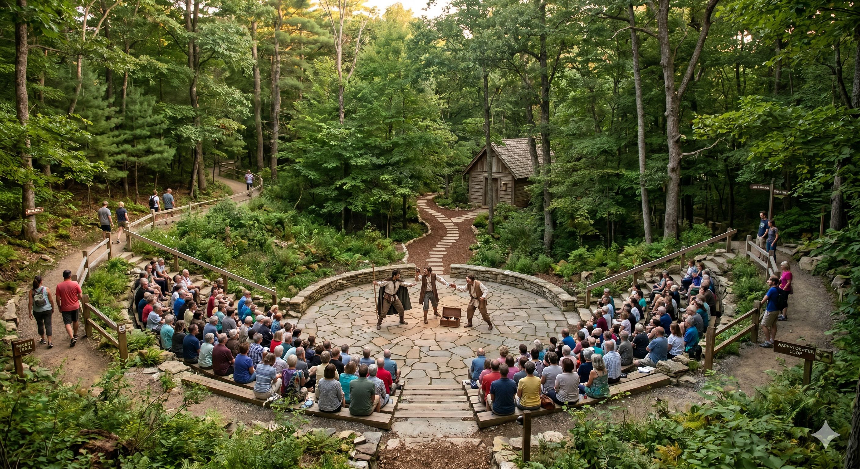  An audience in a forest amphitheater watches three actors perform on a circular stone stage. 