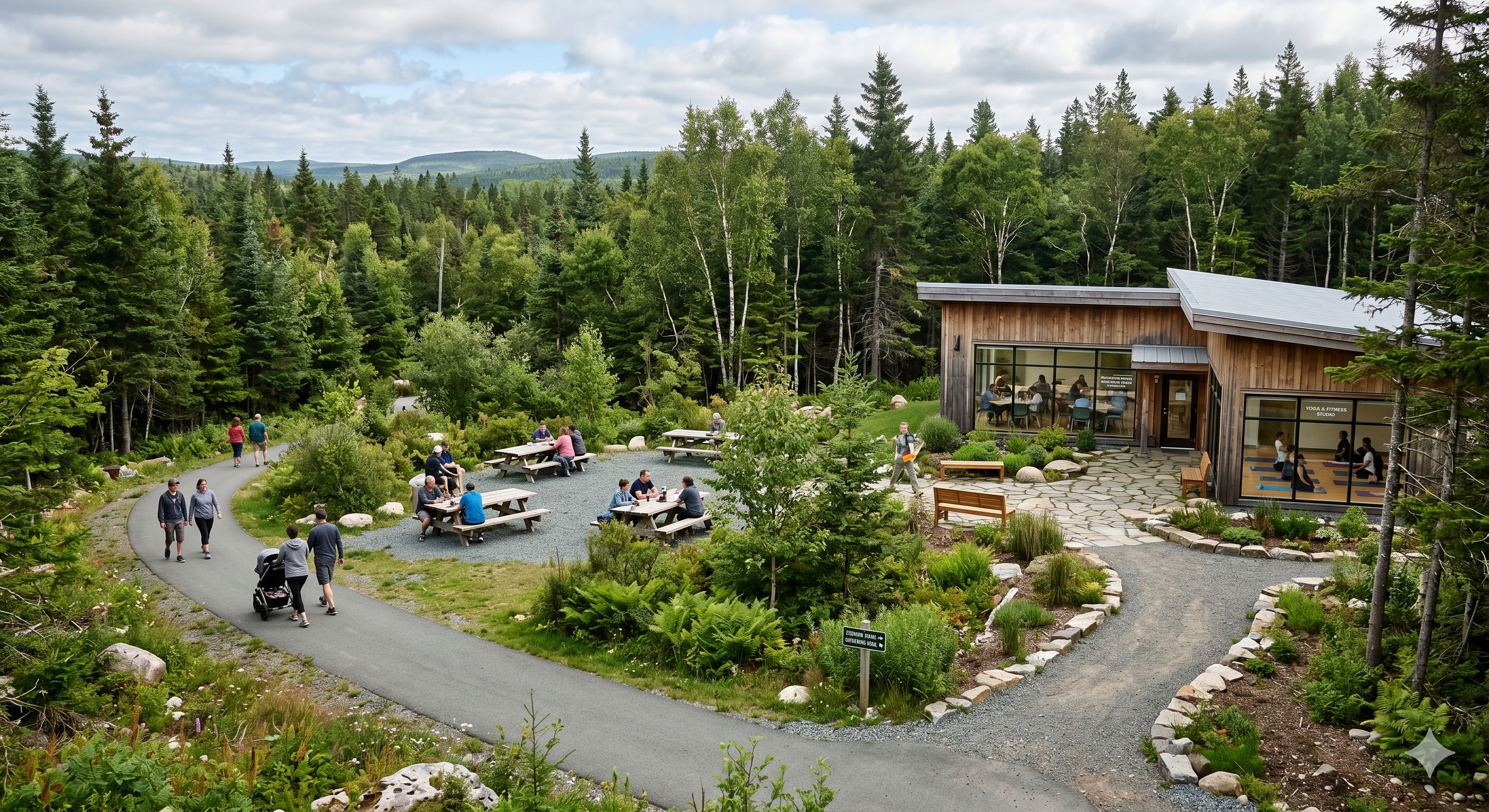  People stroll a paved path and relax at picnic tables near a modern wooden forest building. 