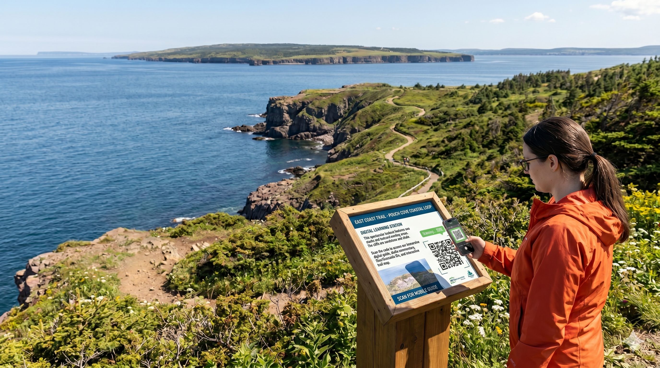  A hiker scans a QR code on a trail sign with her phone, overlooking rugged ocean cliffs. 