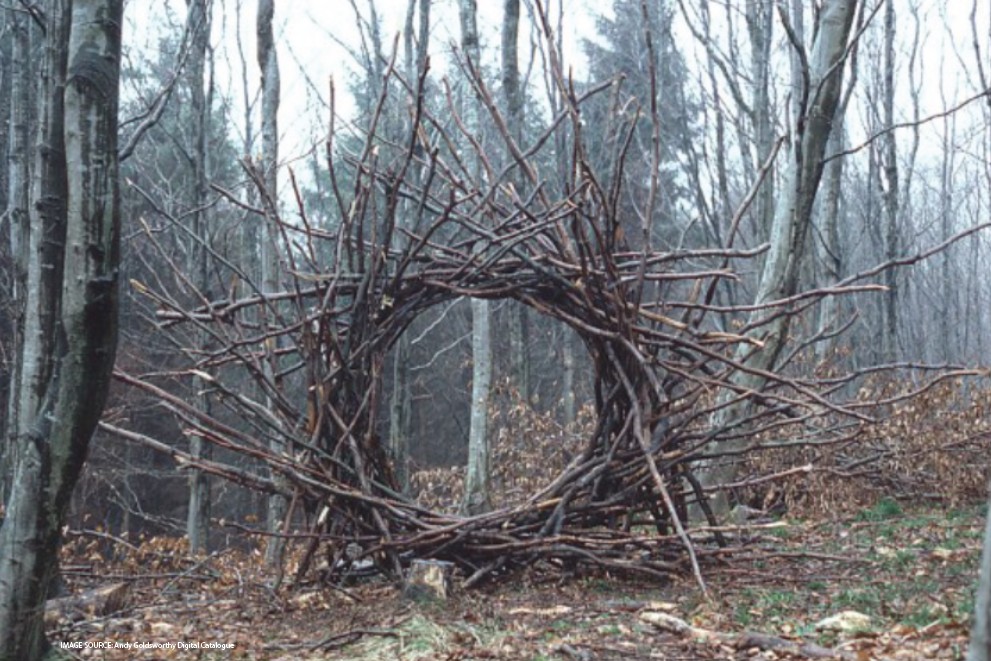  A large ring woven from bare branches stands upright in a leafless winter forest. 