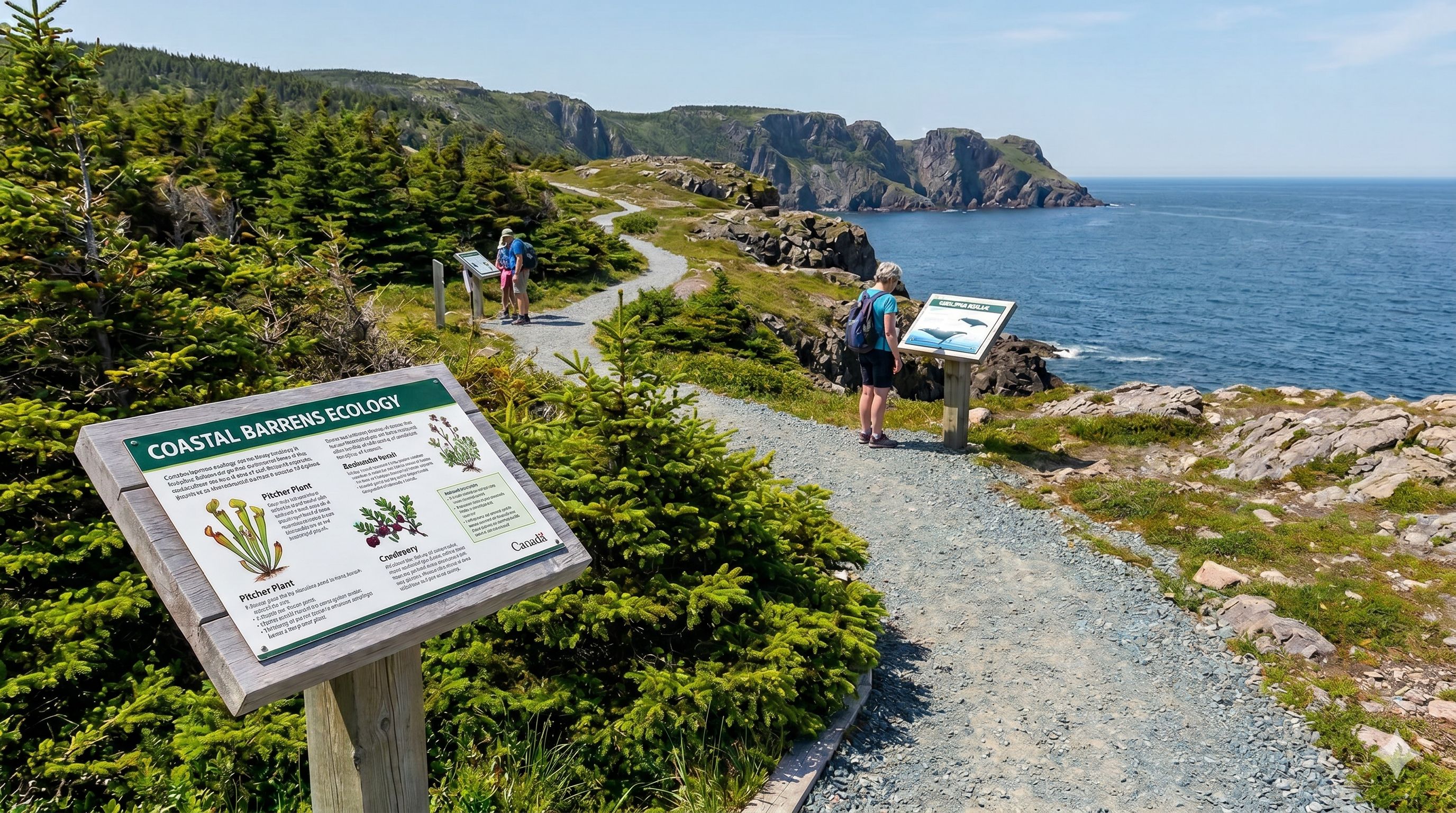  Hikers read interpretive signs along a coastal gravel trail overlooking rugged ocean cliffs. 