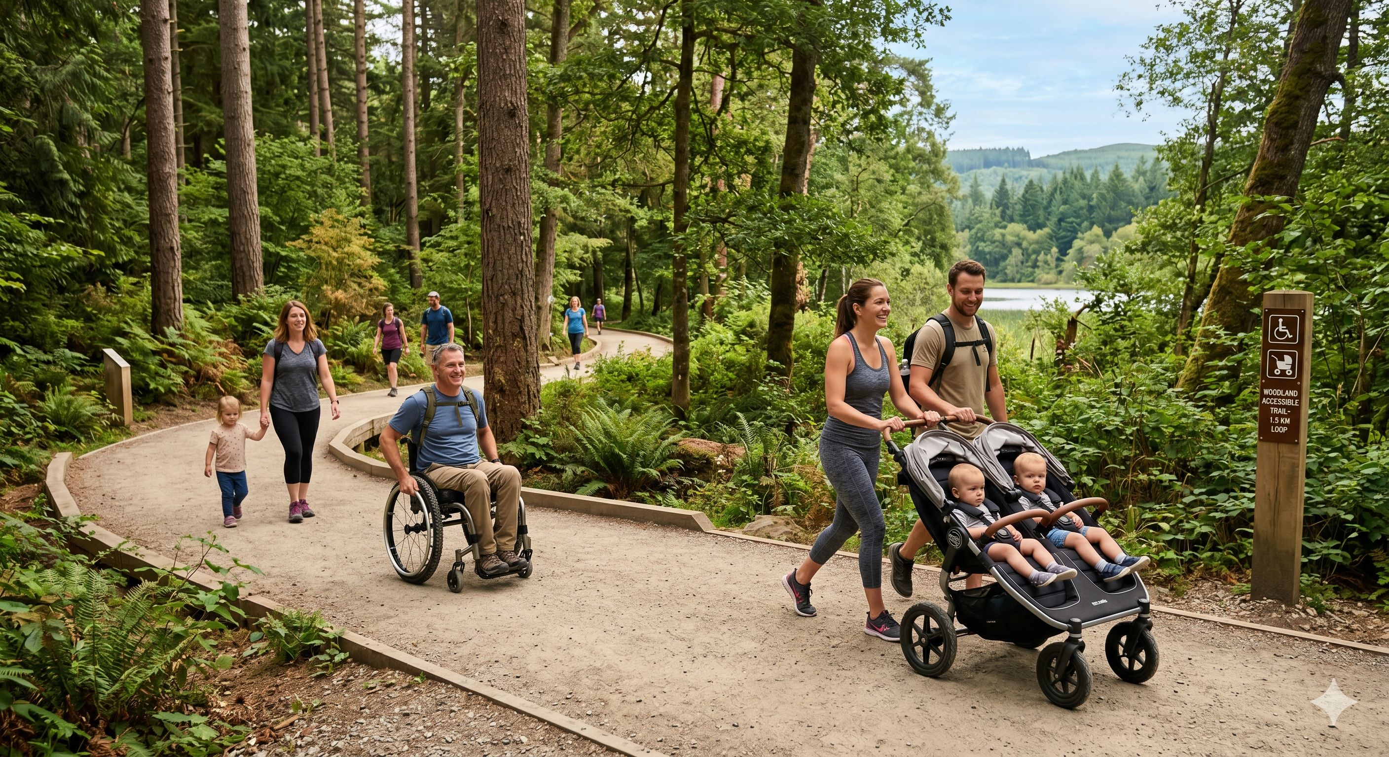  A wheelchair user and a family with a stroller enjoy a wide, accessible gravel trail. 