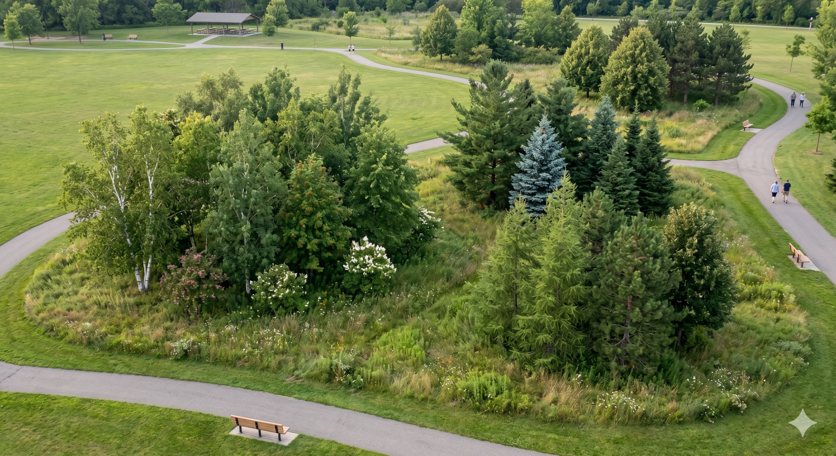 Naturalized clusters of diverse deciduous and coniferous trees surrounded by tall, untamed grasses and wildflowers. 
