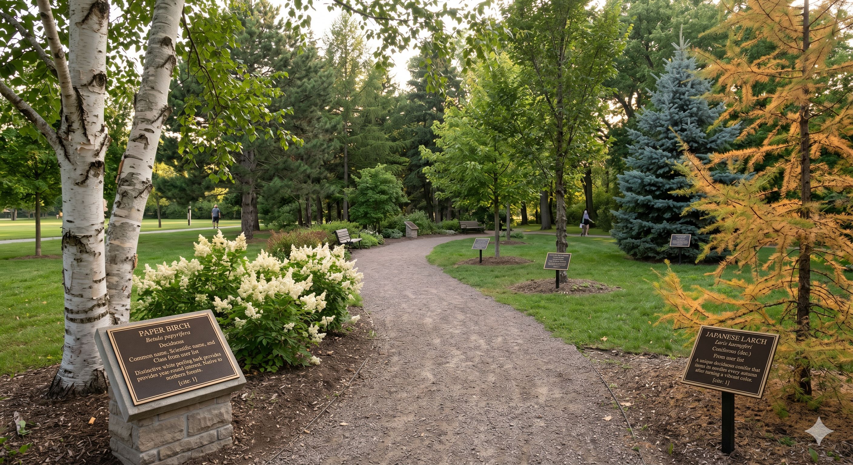 A walking path meandering through a manicured green lawn dotted with a diverse collection of showcase trees.