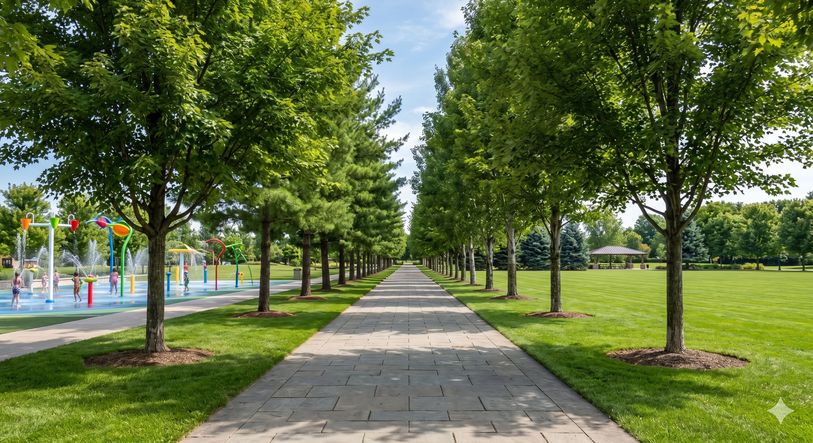 A straight, paved stone walkway in a sunny public park, flanked by two perfectly aligned rows of mature, leafy trees. 