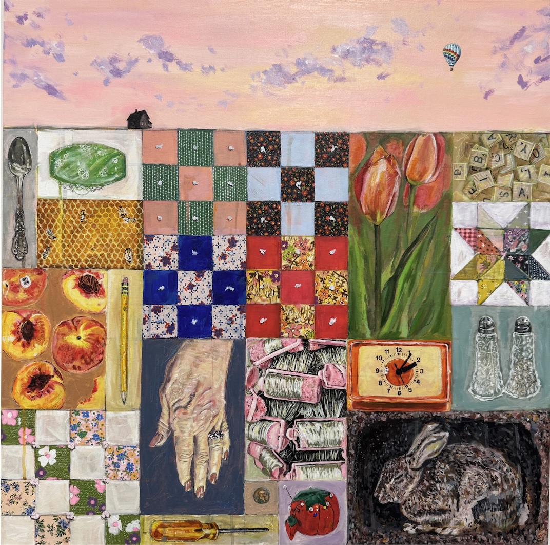 This painting features patchwork quilts, a landscape, and still life inspired imagery. -"Patchwork" by Brit Carmany