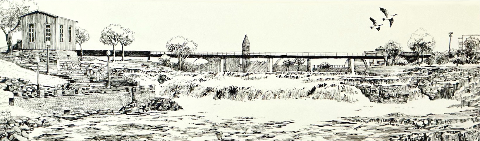 a sepia tone drawing of the falls - "Falls Park" by Hector Curriel