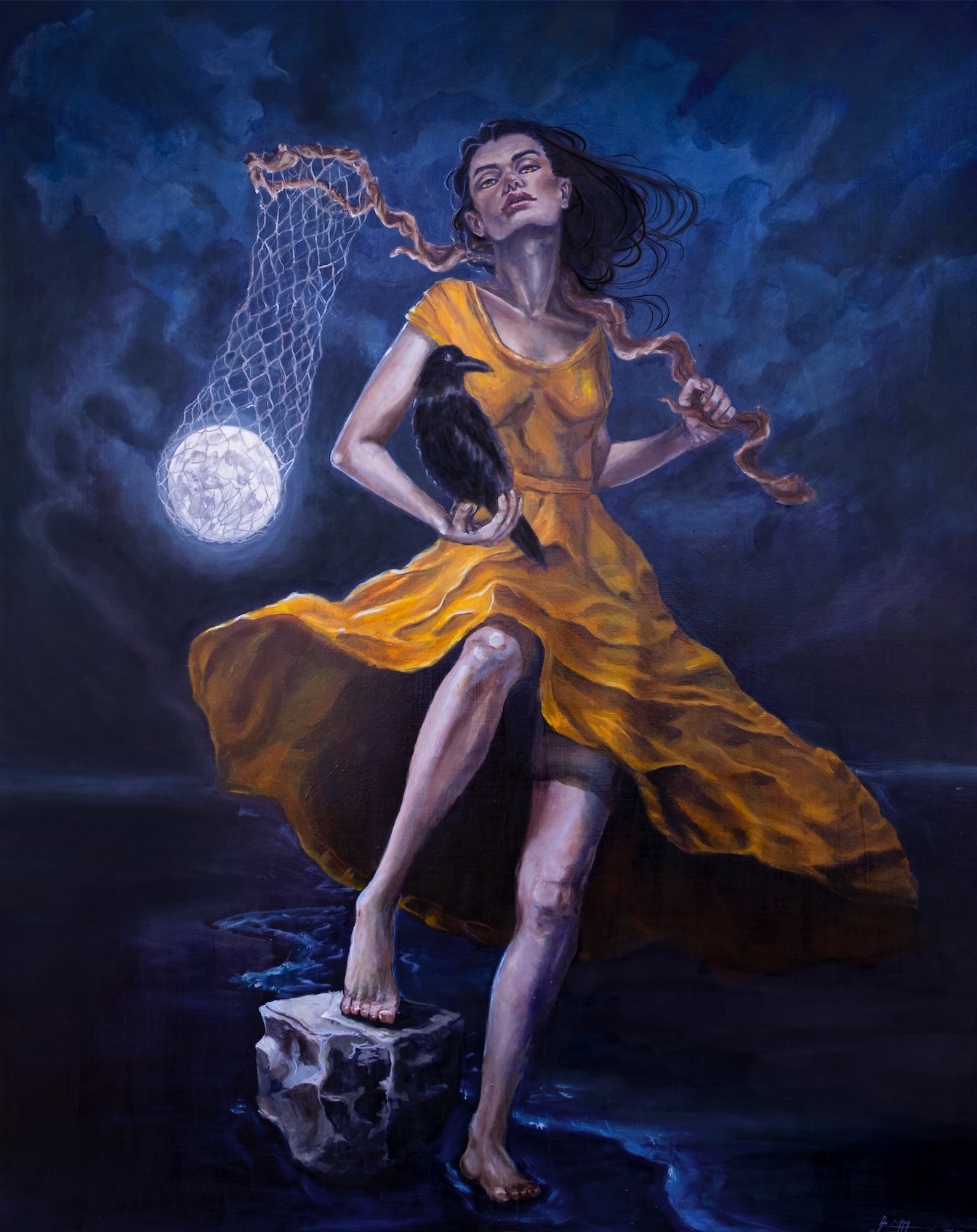 image of a painting with a women holding a raven in one hand and a fishing nhet with the moon in itover a dark ocean night - "Lighthouse" by Breana Fischer