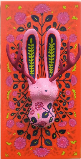 colorful 3D piece showing a jackalope and flowers - "Under the Same Sky" by Caitlin Pisha