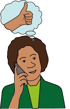 A lady is holding a phone to her ear, above her is a bubble with a hand in it giving a thumbs up.
