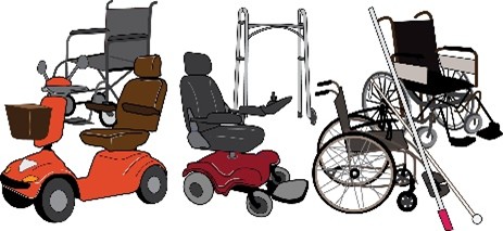 A selection of 4 wheelchairs, a mobility scooter, some canes and a walking frame.