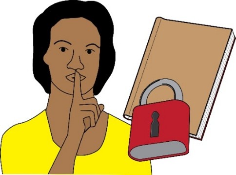 A lady has her fingers pressed to her lips, next to her is a book with a lock on it.