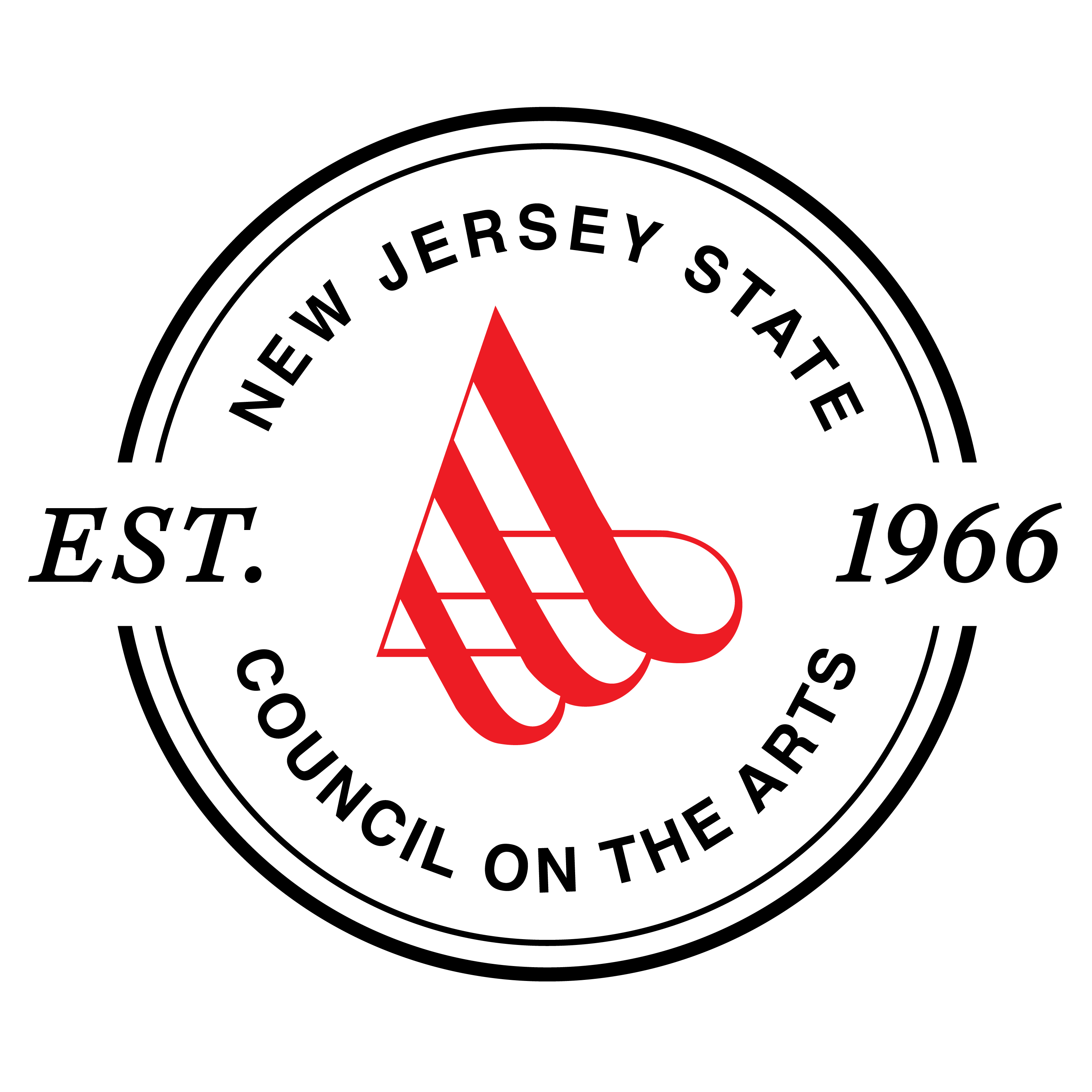 Circle with black outline with a red stylized A graphic and the words New Jersey State Council on the Arts circling around the A shape. The words EST. 1966 go across the center.