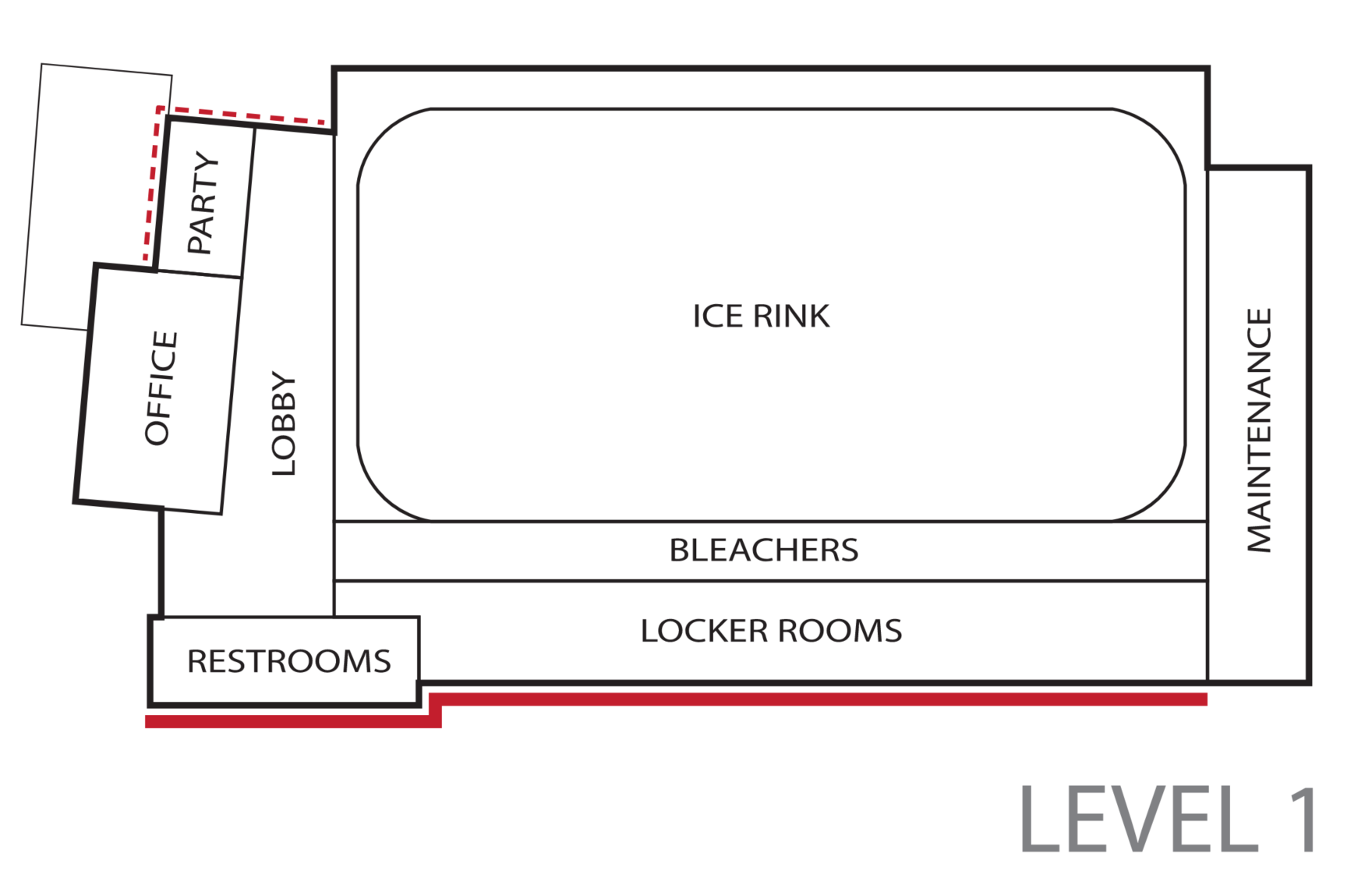 Image of Level One of the Ice Arena. Water intrusion is shown on the east side with the restrooms and locker rooms.