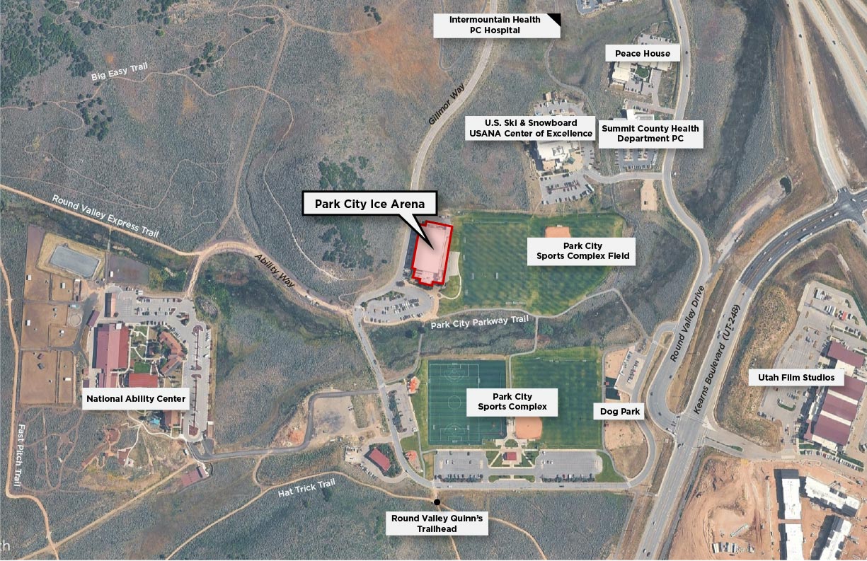 Neighborhood context map. PC Ice Arena is located in the center of other services and outdoor recreation opportunities.