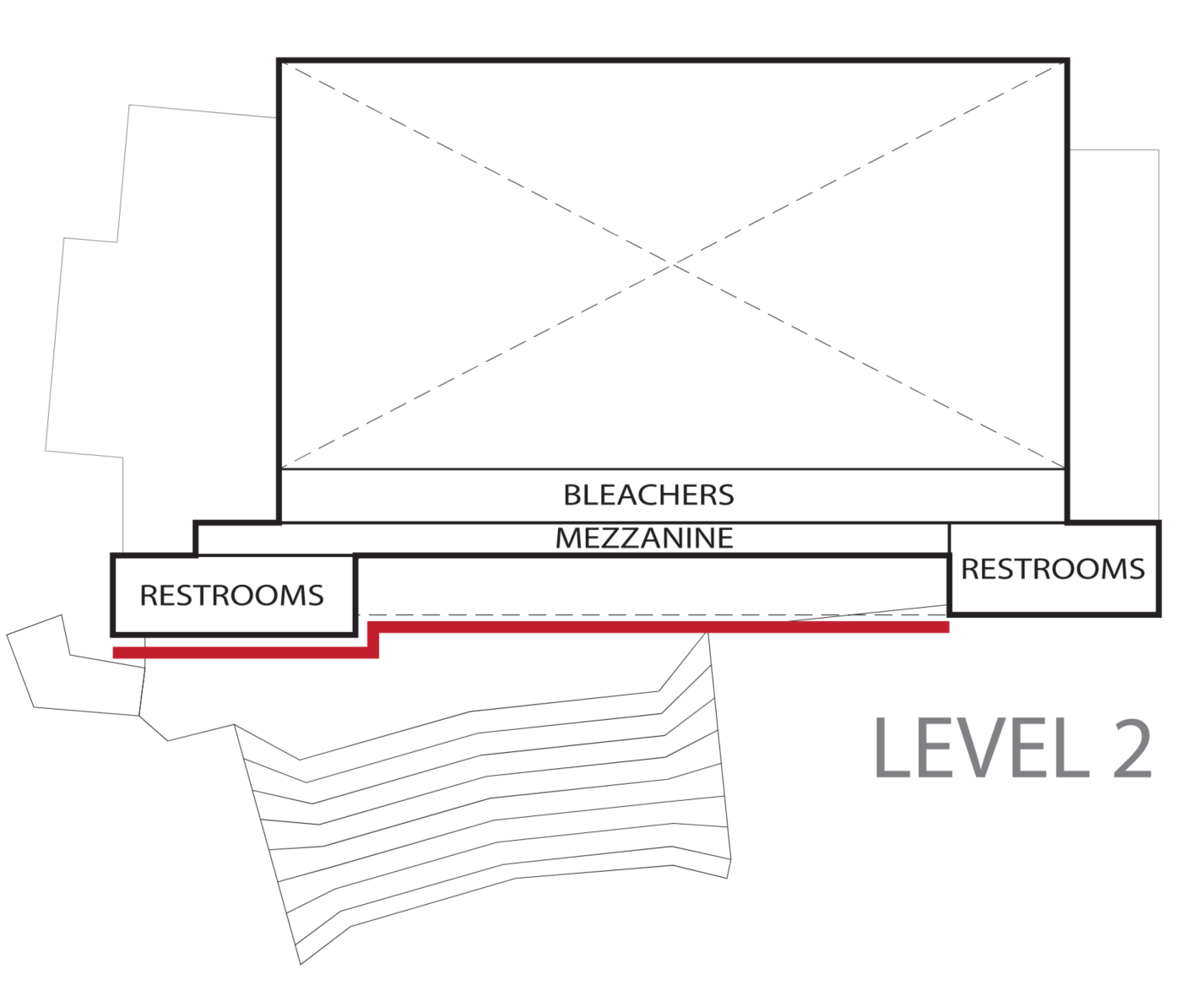 Level Two of the Ice Arena. Water intrusion is shown on the east side with the restrooms.