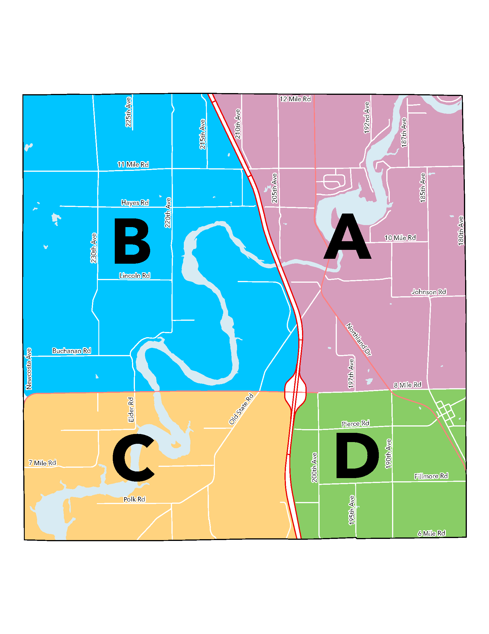 Map of Mecosta Township divided into four quadrants labeled A, B, C, and D