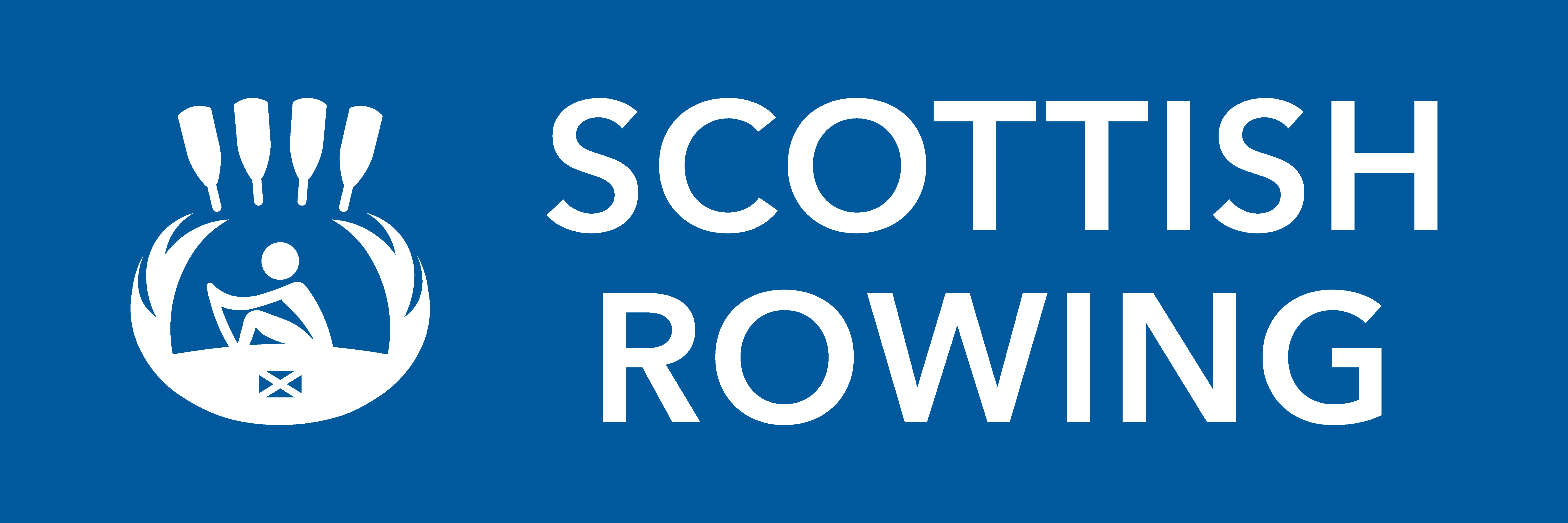 The Scottish Rowing Logo, with a blue background and white writing, featuring the Scottish Rowing Crest on the left of the image