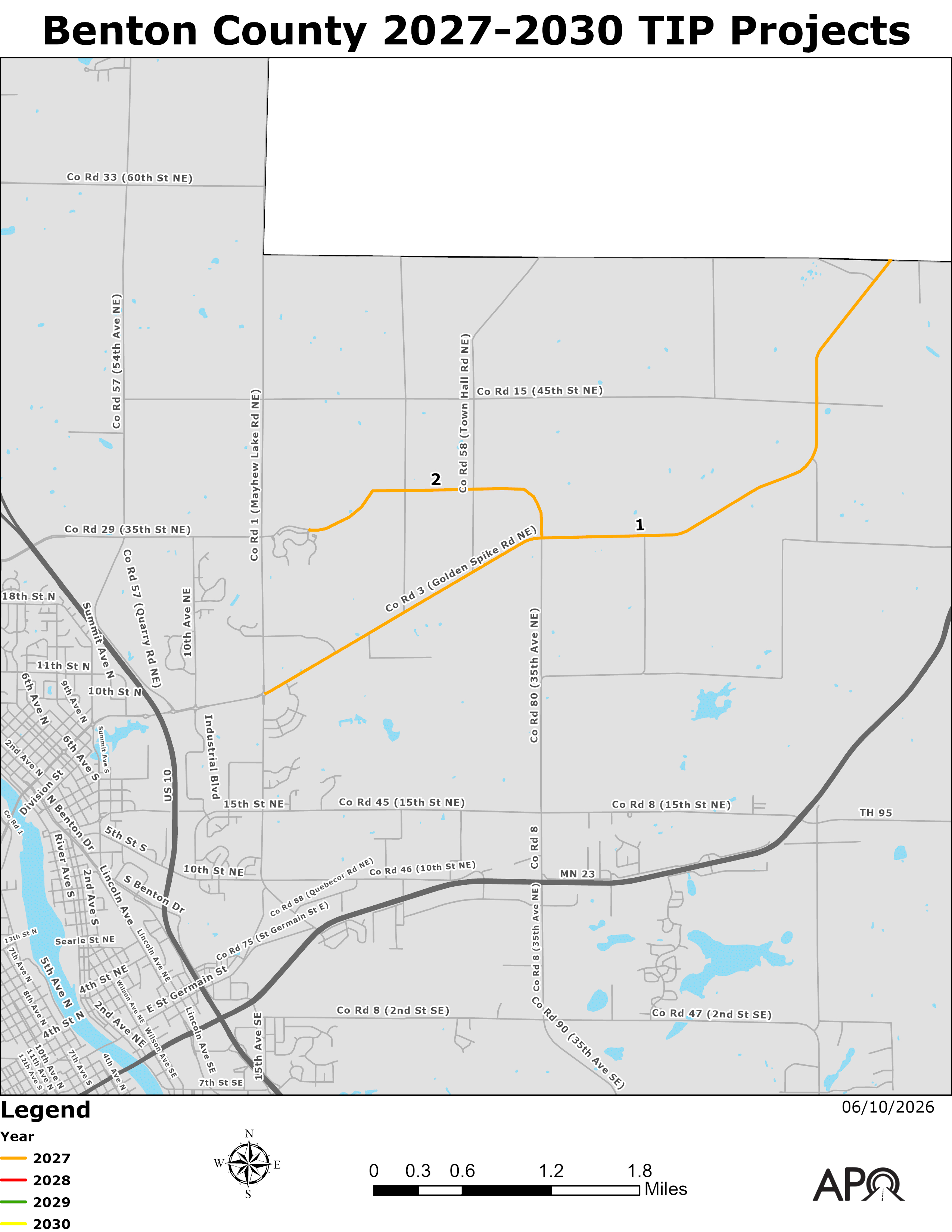 Map of the locations of the federally-funded projects led by Benton County within the APO's planning area.