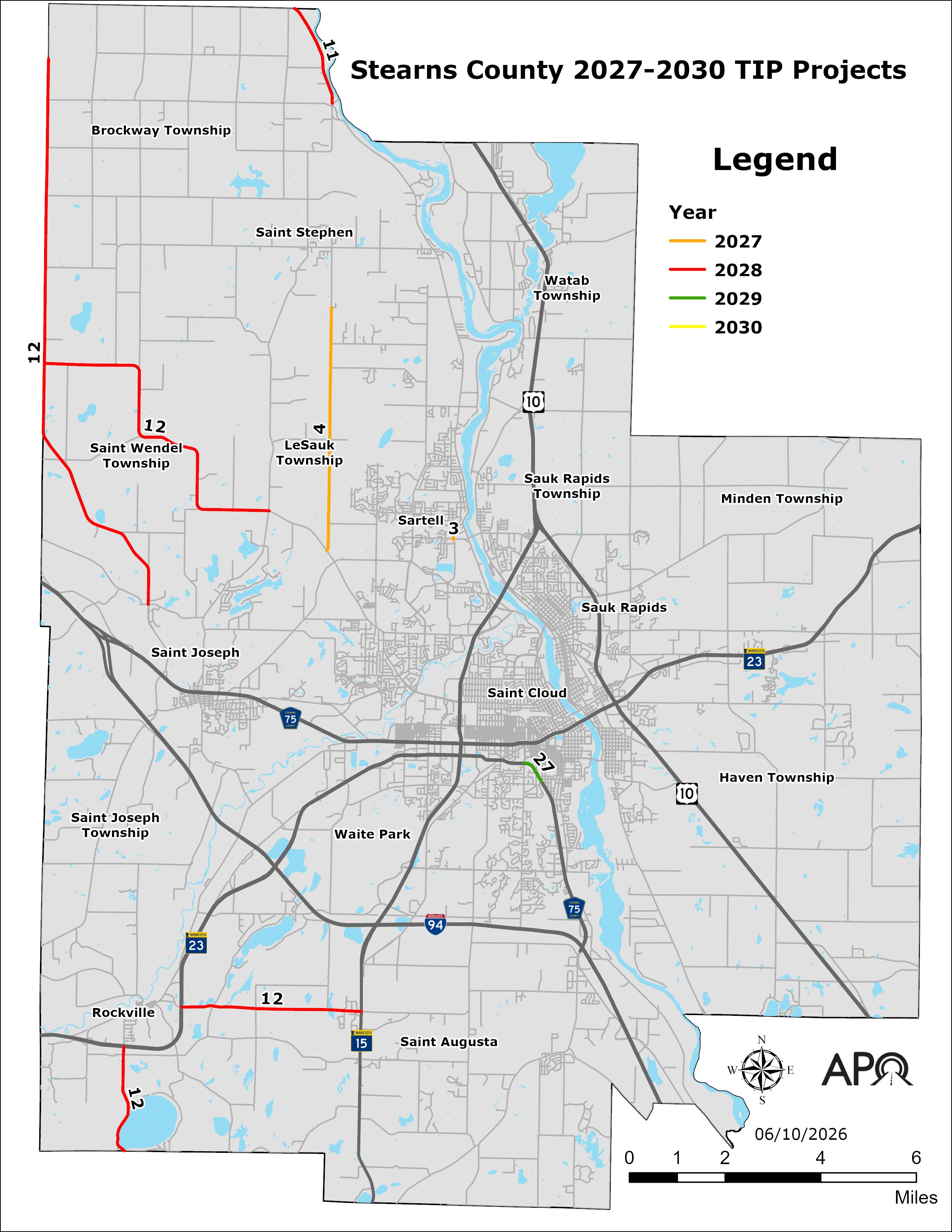 Map of the locations of the federally-funded projects led by Stearns County within the APO's planning area.