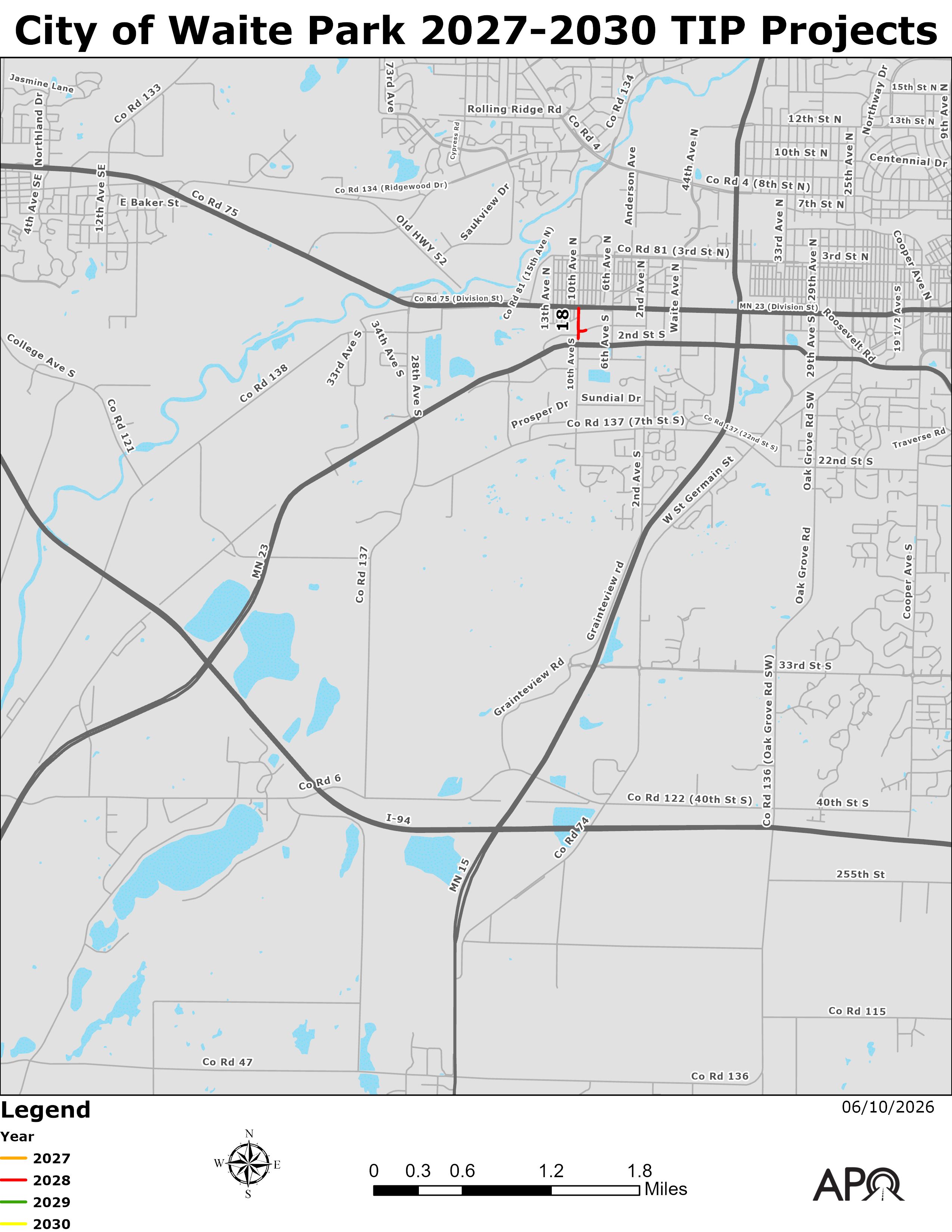 Map of the locations of the federally-funded projects led by the City of Waite Park.