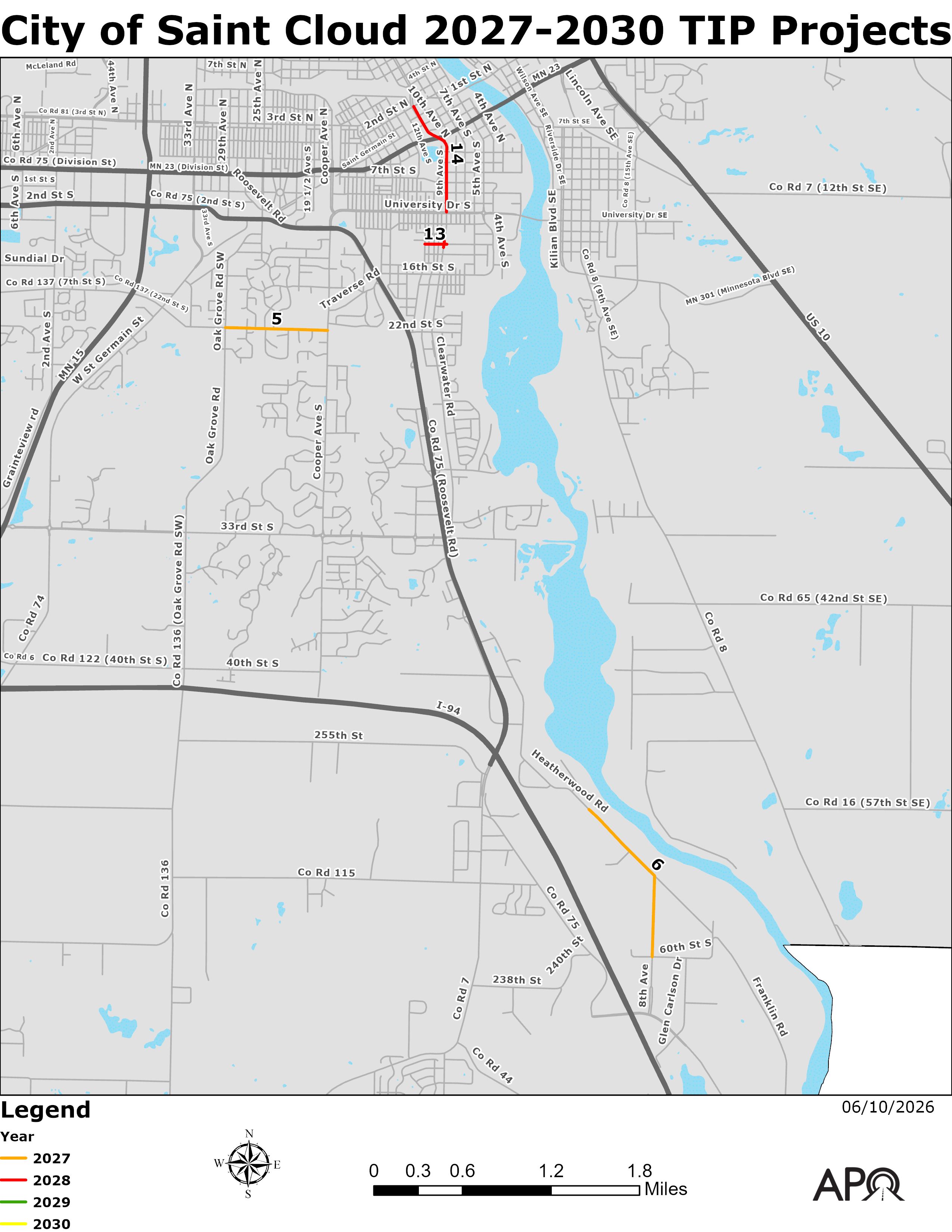 Map of the locations of the federally-funded projects led by the City of Saint Cloud. 