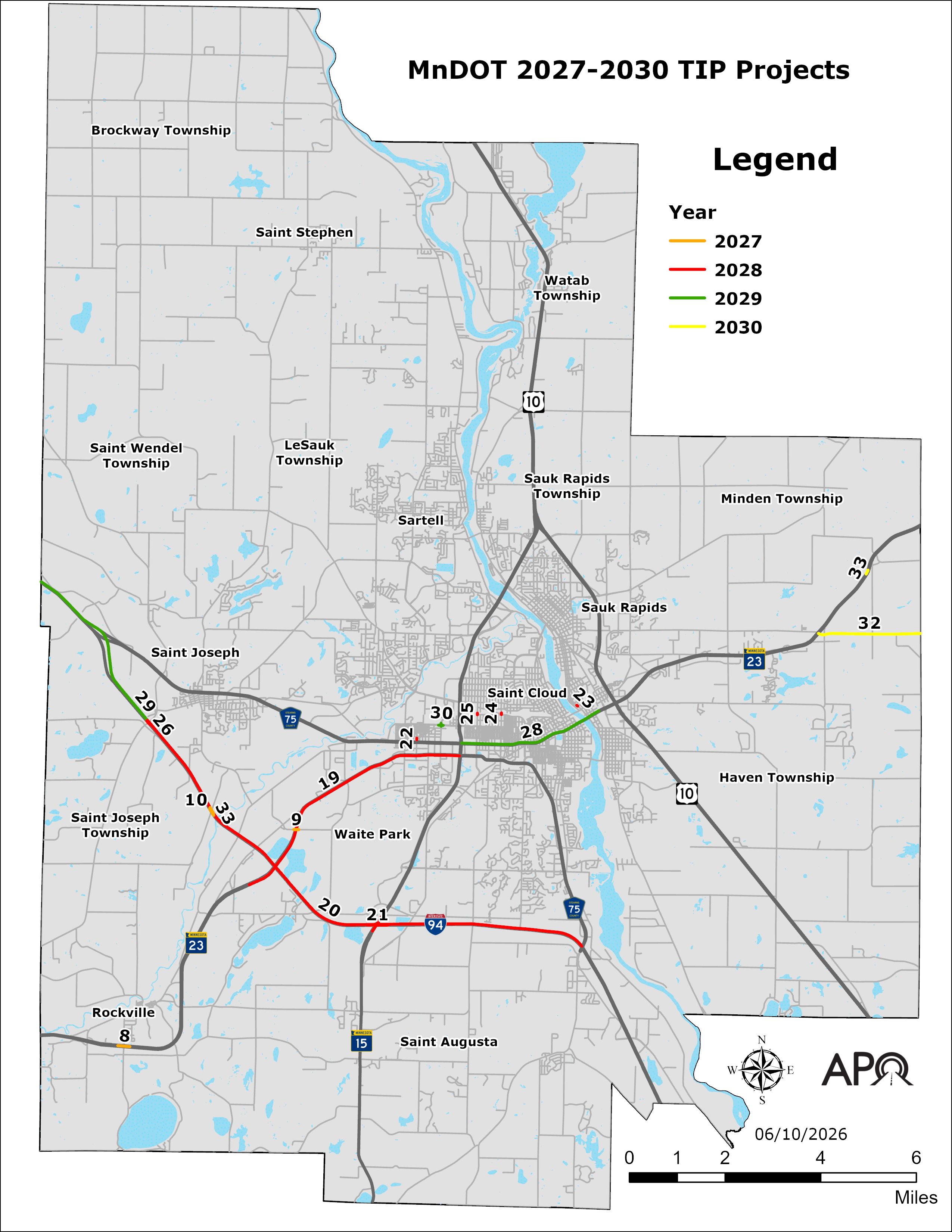 Map of the locations of the federally-funded projects led by the Minnesota Department of Transportation (MnDOT) within the APO's planning area.