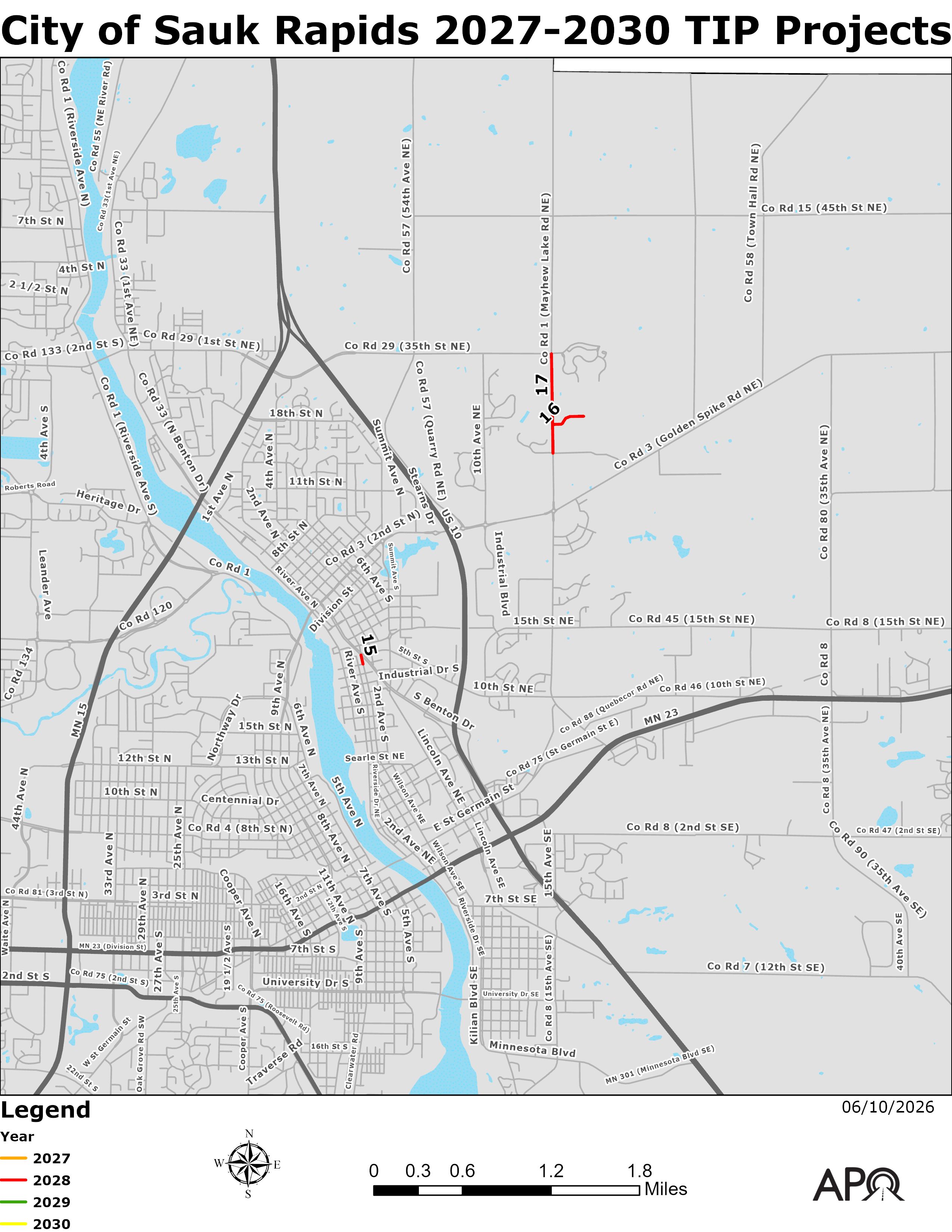 Map of the locations of the federally-funded projects led by the City of Sauk Rapids.