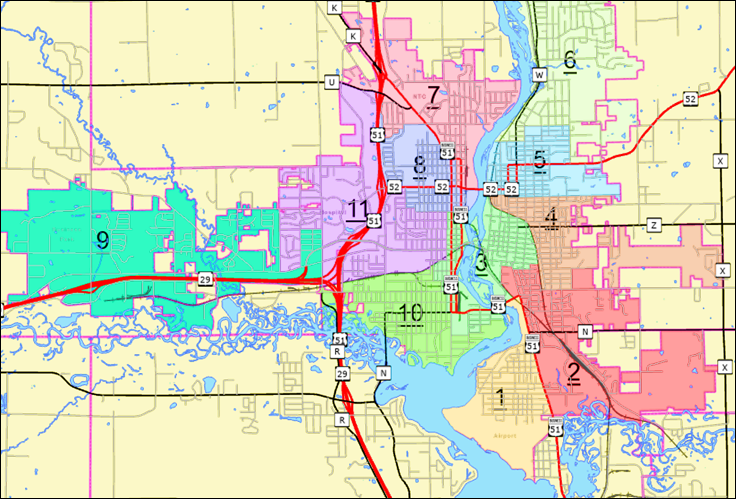 Map of the City of Wausau's districts