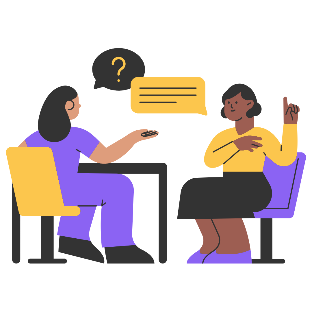 Two women sitting in chairs. One is asking questions and one is answering them.