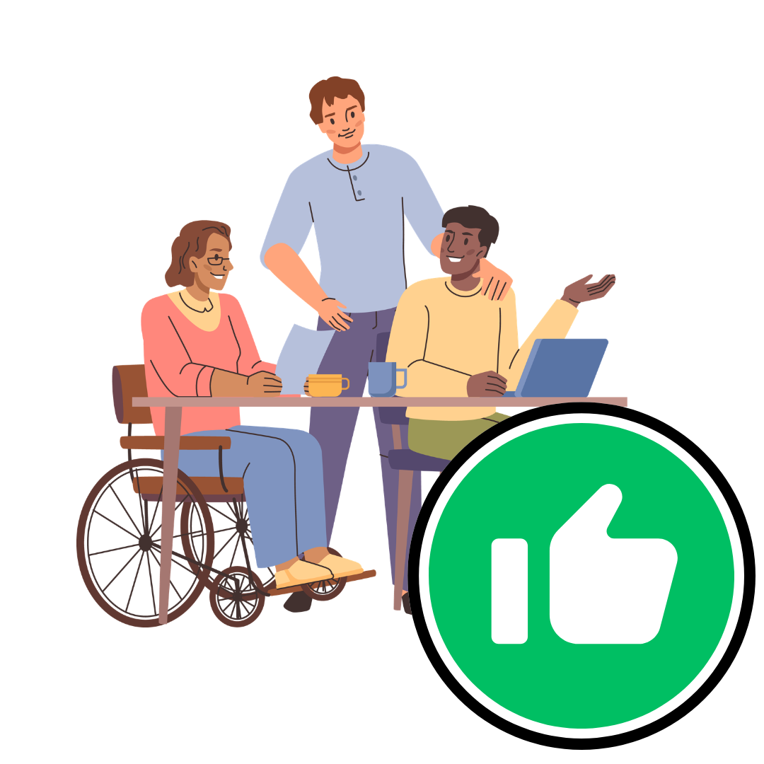 Illustration of three people working at a table, one person is in a wheelchair, next to a green thumbs-up symbol.