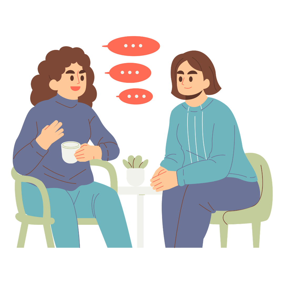 Image of two women talking over coffee while seated in chairs