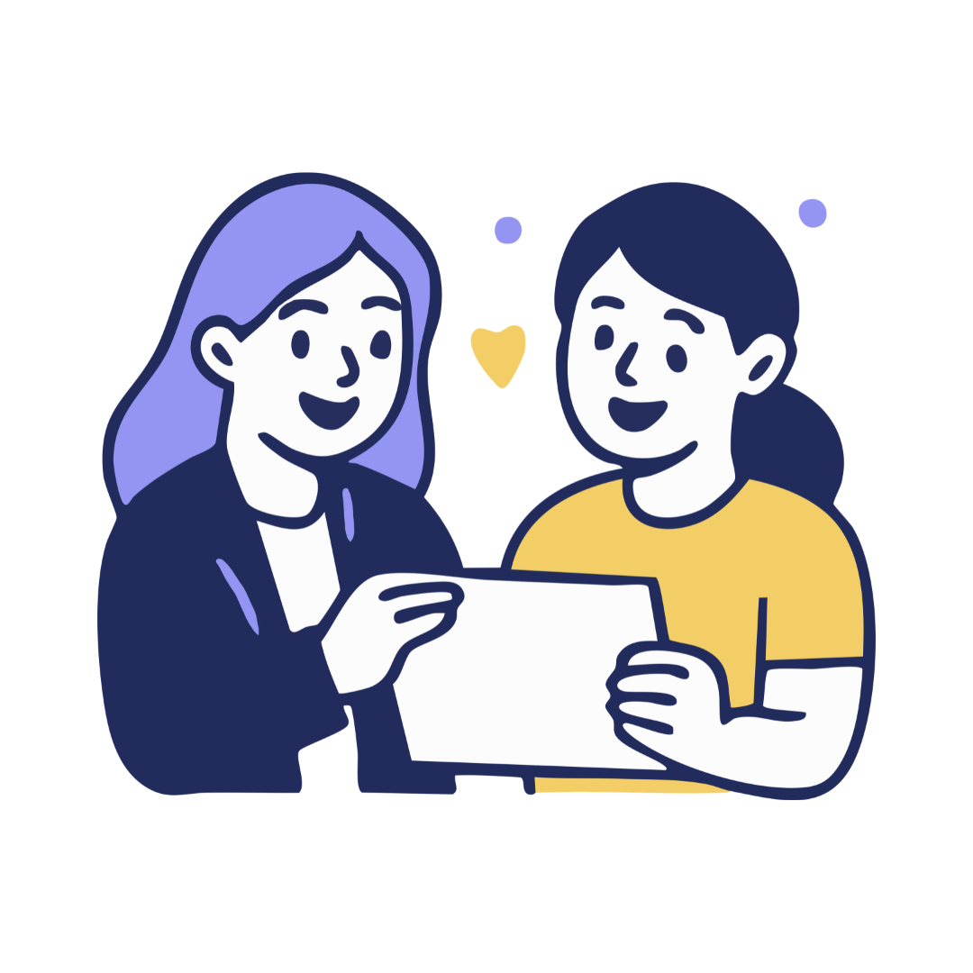 Illustration of two girls reviewing a document together.