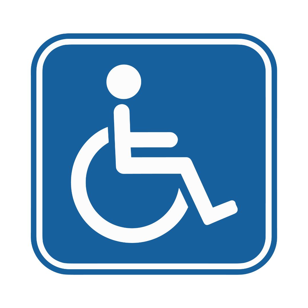 Blue rounded square with a white wheelchair accessibility symbol.