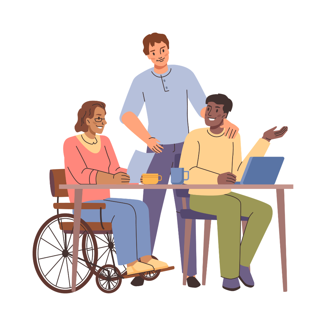 Illustration of three people working at a table, one person is in a wheelchair.