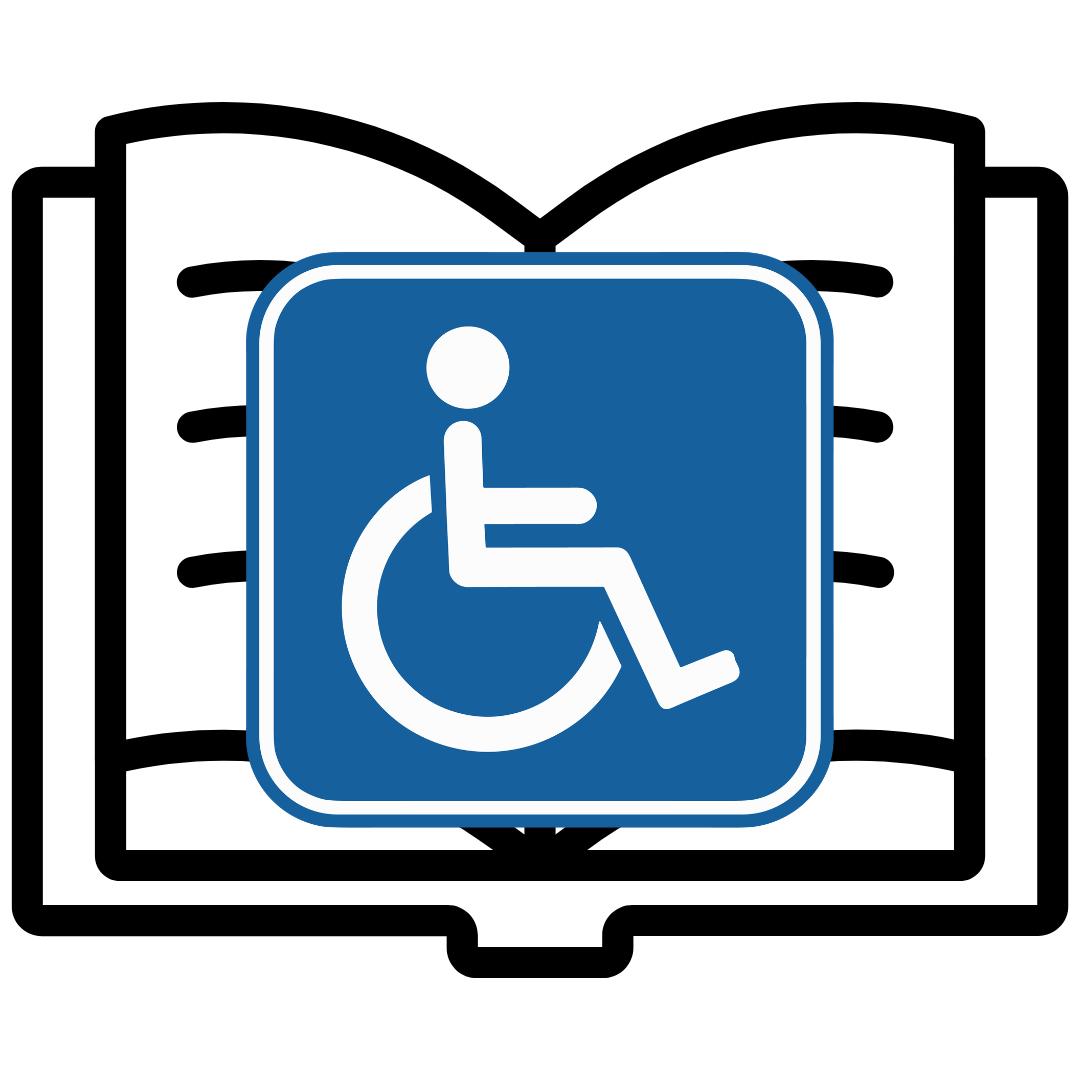 Illustration of an open book with a wheelchair accessibility symbol on top of it.