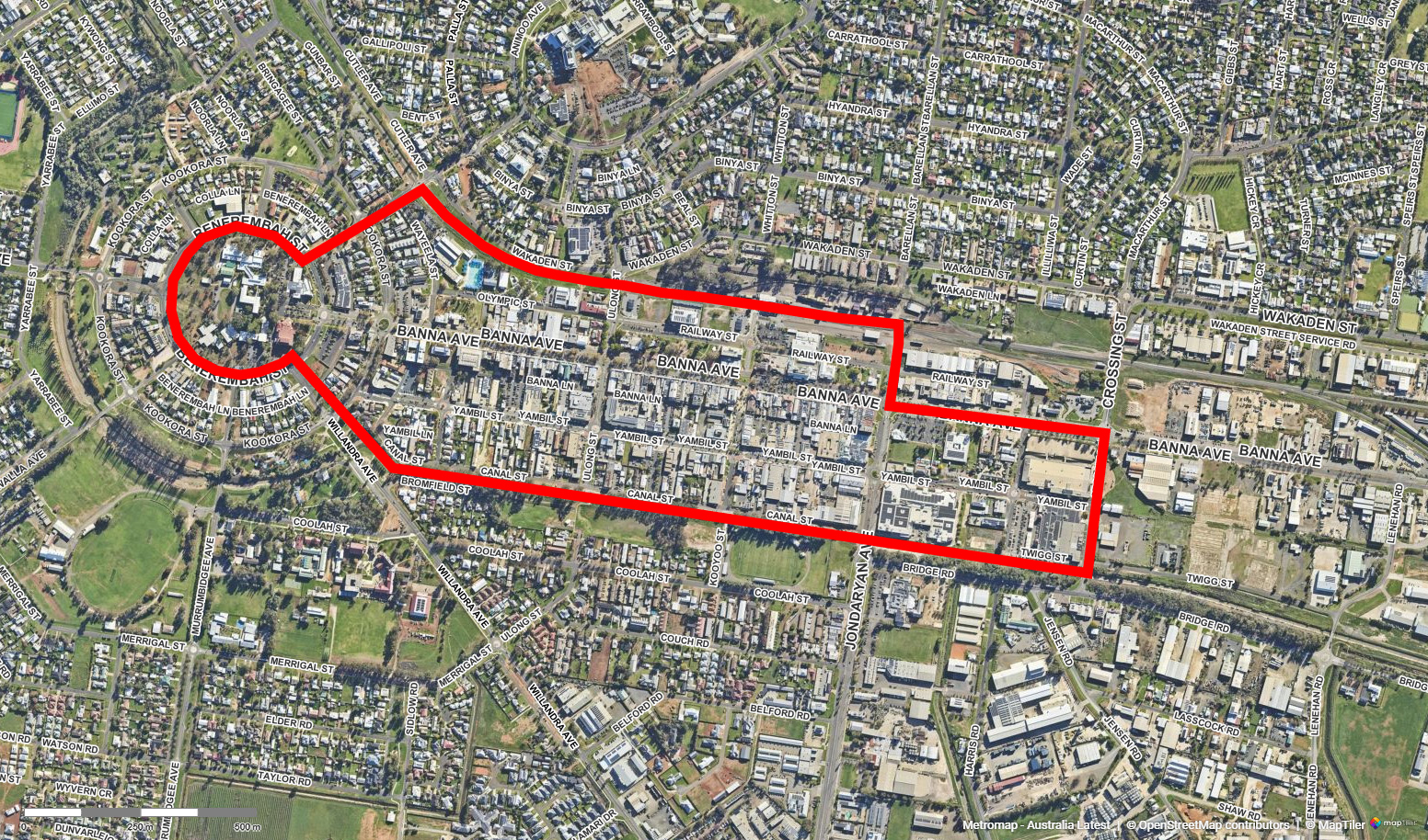 The CBD of Griffith is within the outlined area of the following image. Please refer to this map when considering your answers