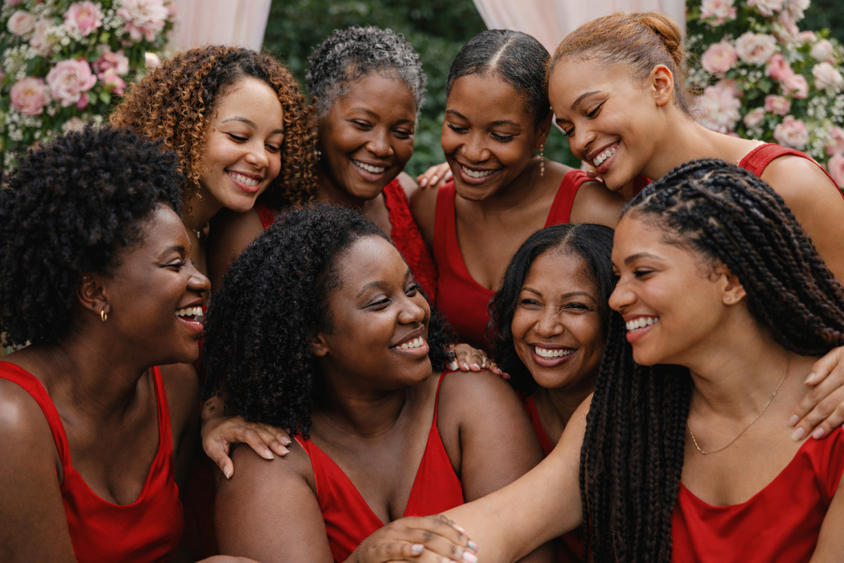 A group of light and dark Black women practicing community